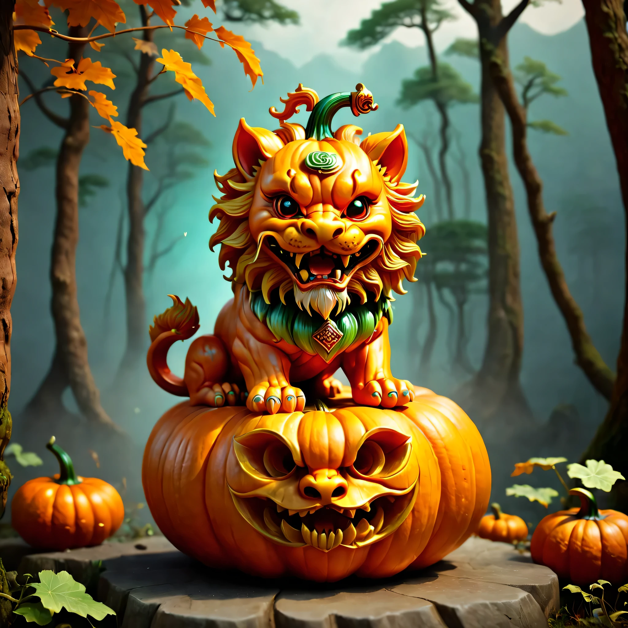 Cute IP carved on the big pumpkin, Blind box style, Chinese mythology Rui beast Pixiu, Shaped like a lion, faucet, horse body, at the foot of the forest, Surrounded by Chinese auspicious clouds, solid color background, rich and colorful, whole body, Delicate picture quality, Looking into the distance, Bright iridescent highlights, Clean and transparent,natural lighting, Overclocked rendering, 3D modeling, ((Pumpkin carving texture)), HD quality, 8k, solid color background, whole body