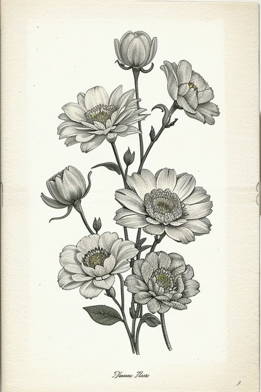 Vintage and botanical watercolor floral design with high precision and detail with beautiful blend of flower, white background, monochrome, line drawing,