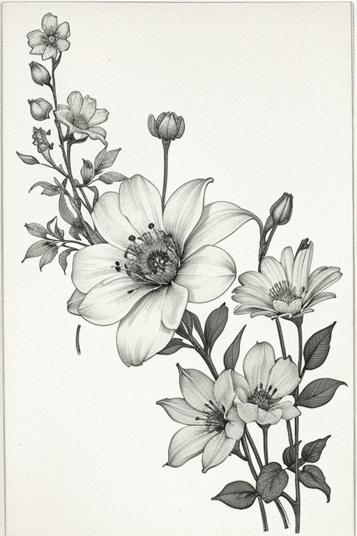 Vintage and botanical watercolor floral design with high precision and detail with beautiful blend of flower, white background, monochrome, line drawing,