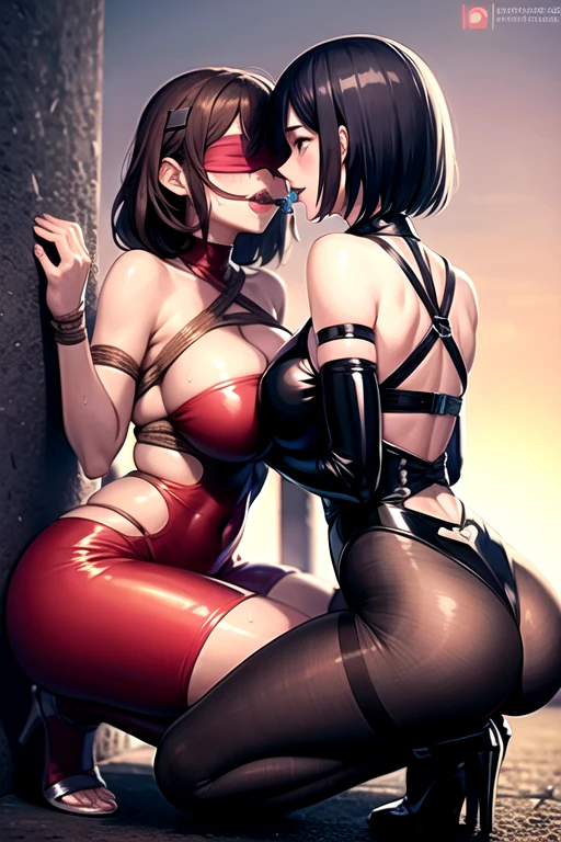 ((best quality)), ((masterpiece)), (detailed), perfect face, Two Women Kissing, Two Tall Women, Big Boobs, Tied with Ropes To a Pole, Cyberpunk, Futuristic, Long Purple Hair, Latex Lingere, Shibari, Pearcings, Blush, Shy Expression, Blindfold, Sweaty, Wet Body, Bondage, Hands Tied behind back, Ballgag, Squatting down, Spread Legs, Ballgag, Two Women, Women in Background, Kissing Women, Dominating, Submissive, One Dominates Other, Mouth Gagged, Touching, Hand Between Legs, Teasing

