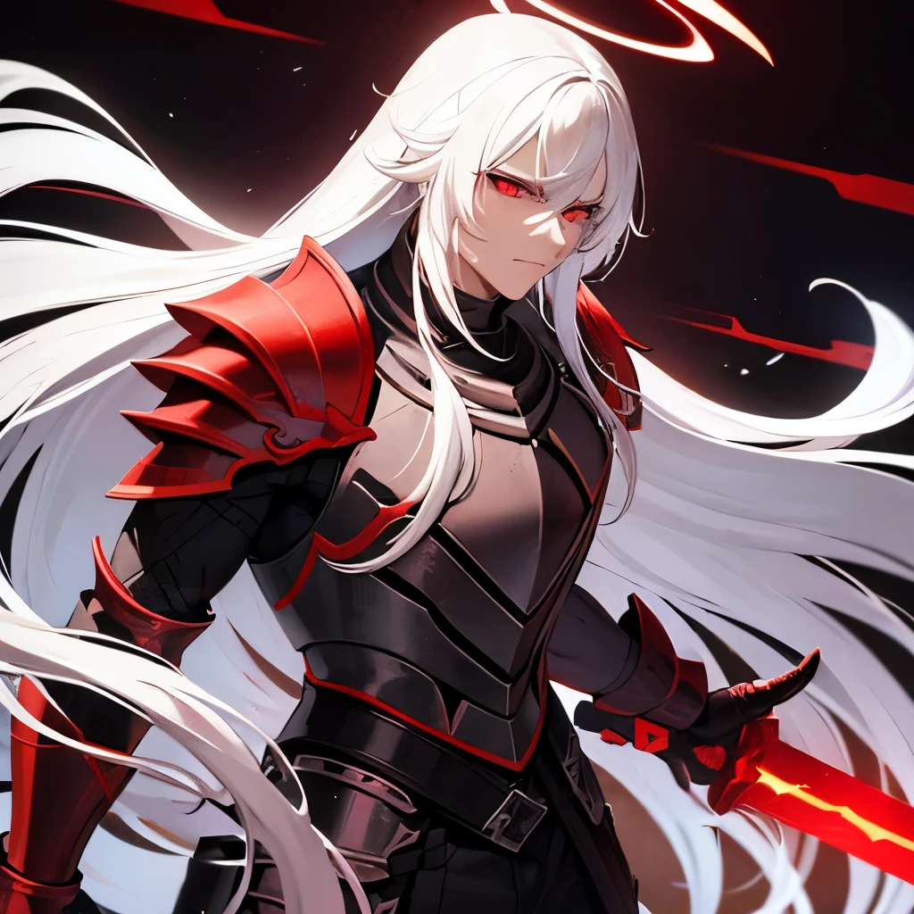 White long hair , strongest old man , scar on his face , black red knight armor , spike flaming neon shoulder , red eyes , red god mystery halo
, big red god buthcer sword , 60 year old
