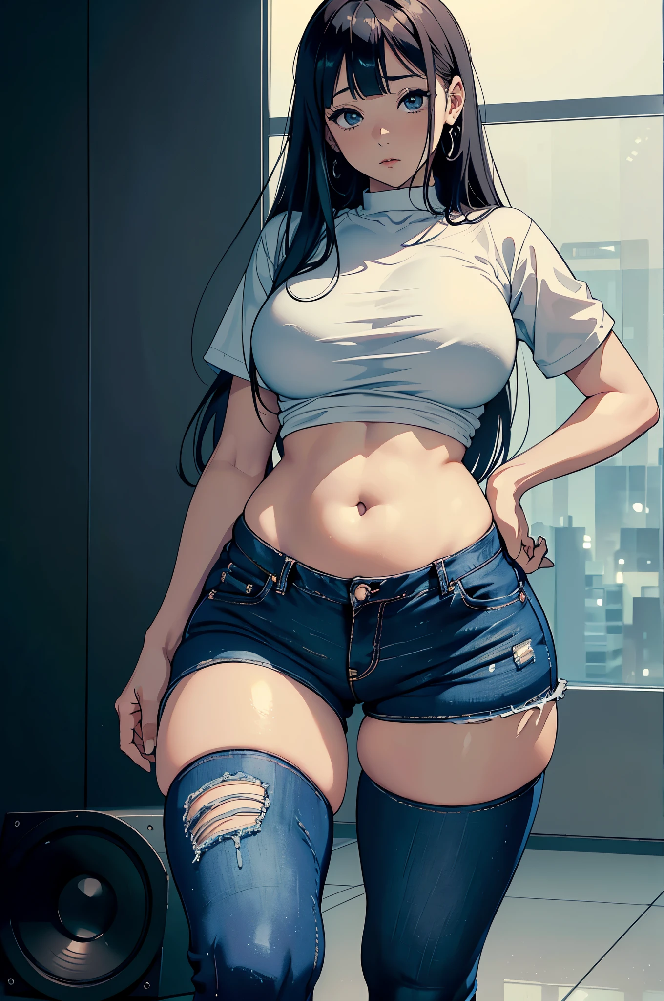 (Hinata Hinata, Very , wearing tight clothes, big, Thick legs, Wearing extremely tight jeans, wearing a mini shirt, There  leakage in the belly button, long hair, Speakers at the back, Very realista, Very, 8k, 8K  extremely detailed), (extremely delicate and beautiful), (masterpiece), (better quality: 1.0), (ultra high definition:1.0)