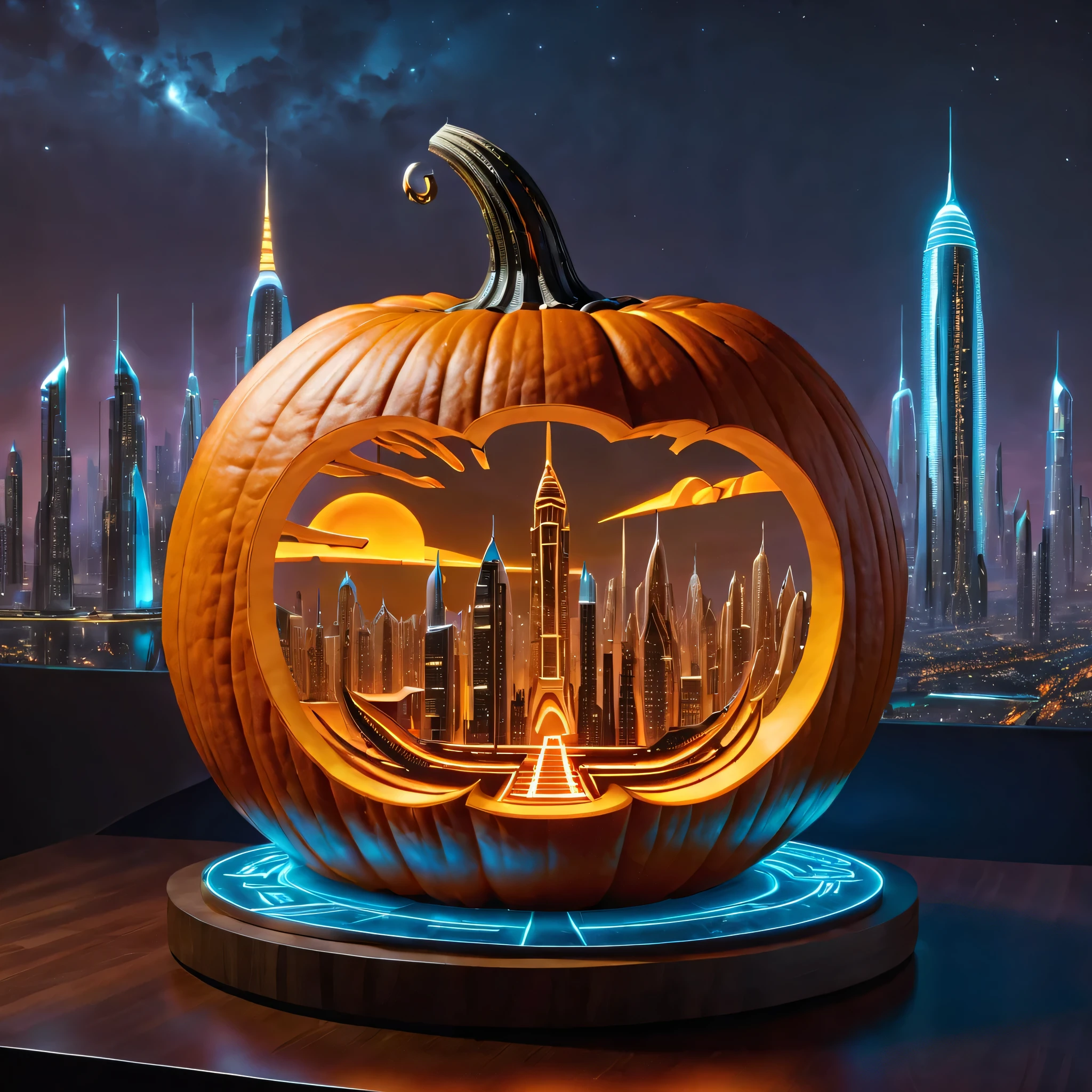 futuristic, Sci-fi themed pumpkin carving. the design intricately depicts a tall futuristic cityscape, Stylish skyscraper, flying cars, and advanced technology. The engraving should include elements such as neon lights, hologram, and robotic characters that interact with the environment.. Scenes should be dynamic and imaginative, Demonstrate future vision with artistic talent. pumpkin display on glossy, modern surface, Ambient lighting enhances the futuristic feel and highlights detailed carvings.