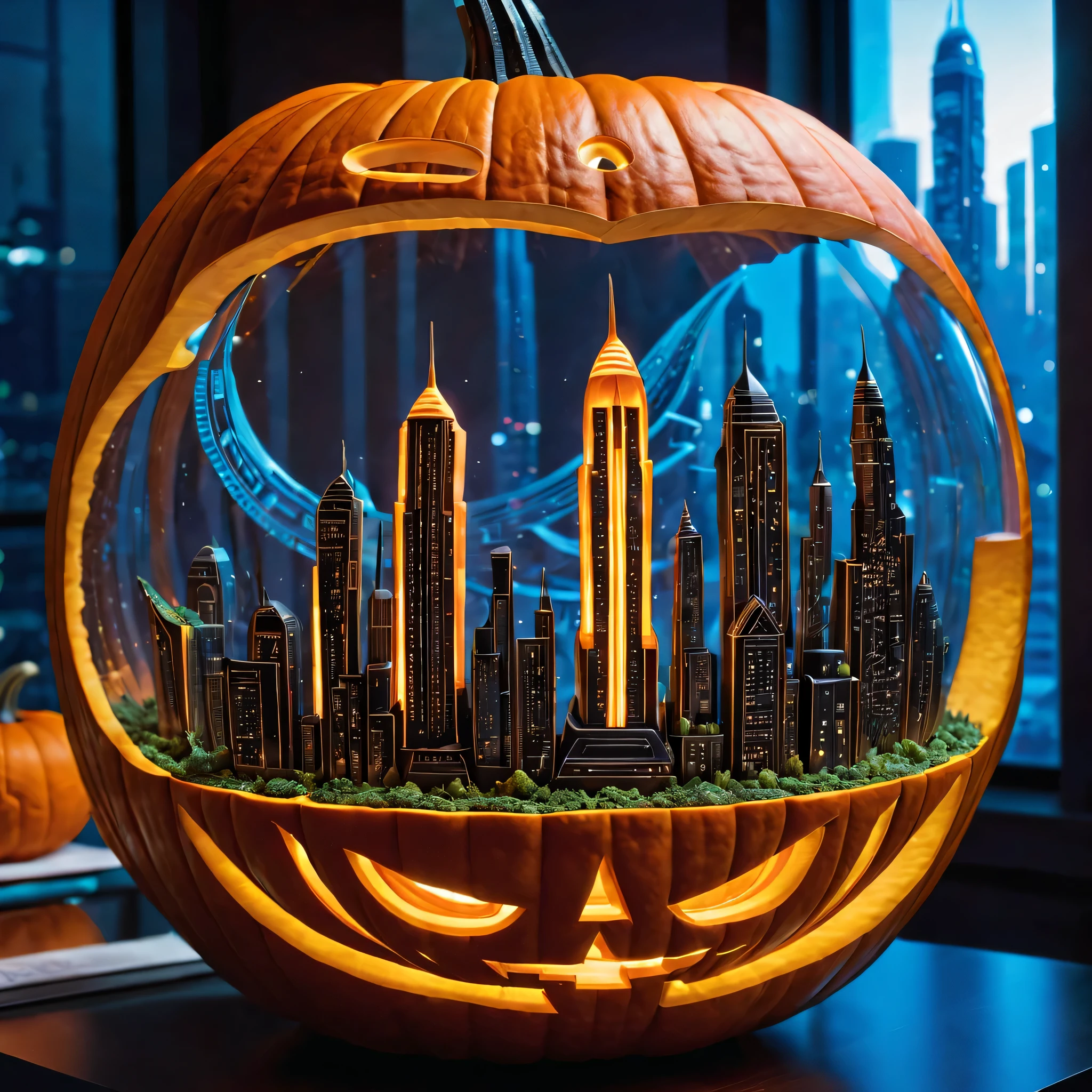 futuristic, Sci-fi themed pumpkin carving. the design intricately depicts a tall futuristic cityscape, Stylish skyscraper, flying cars, and advanced technology. The engraving should include elements such as neon lights, hologram, and robotic characters that interact with the environment.. Scenes should be dynamic and imaginative, Demonstrate future vision with artistic talent. pumpkin display on glossy, modern surface, Ambient lighting enhances the futuristic feel and highlights detailed carvings.