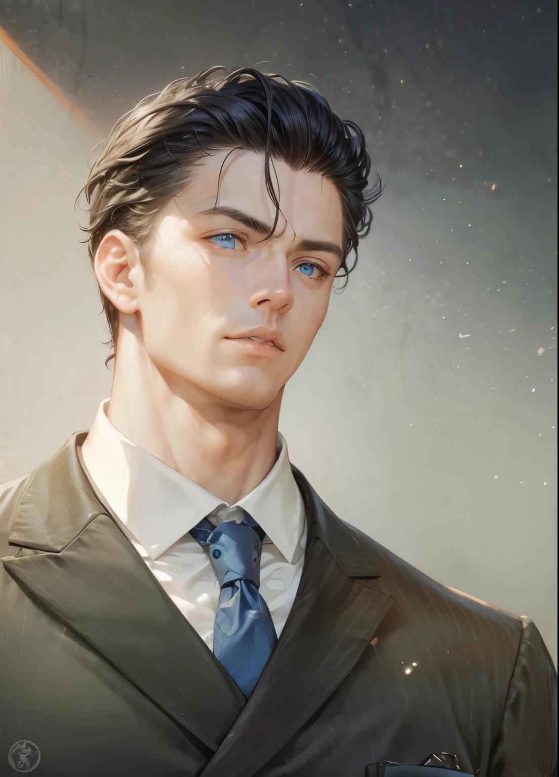 a man, wearing a suit, black hair, blue eyes, realistic, ultra detail, 70mm lens