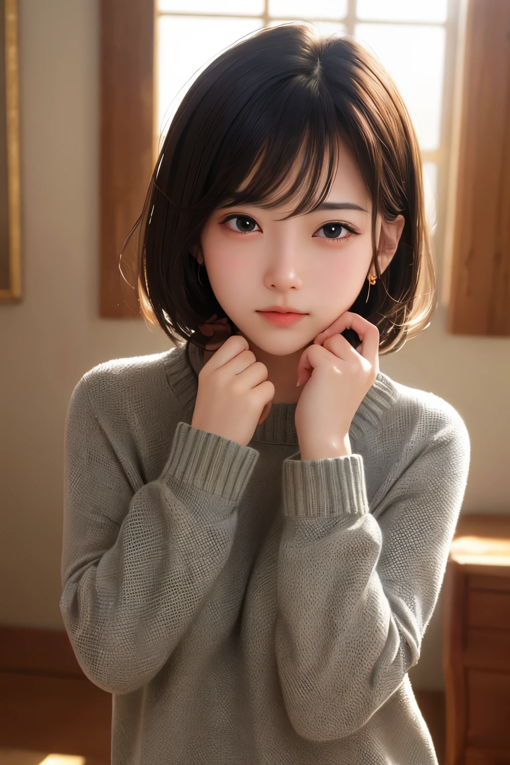 ultra high resolution,masterpiece,best quality,
very detailed face,delicate eyes,extremely complex,Perfect radiant skin,perfect lighting,detailed lighting,dramatic shadows,Ray tracing,
1 girl,Upper body,Black Sweater,looking at the audience,Use a variety of styles of expressions and poses，show cuteness、angry、cry、sad、Rich emotions such as shynesaggerated poses,—niji 5—style cute