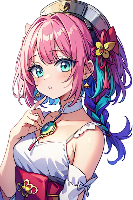 Masterpiece, Best Quality, High Resolution, (White Background: 1.4), [Glitter], [Looking at the Viewer, Portrait, 1 Sweet Chinese Girl], (Long Hair, Wavy Curls, Multicolored Twisted Big Braid: 1.3, Air Bangs), White Off-the-Shoulder Short Sleeves, Delicate Facial Features, Pink Lips, Earrings, Necklace, sakura