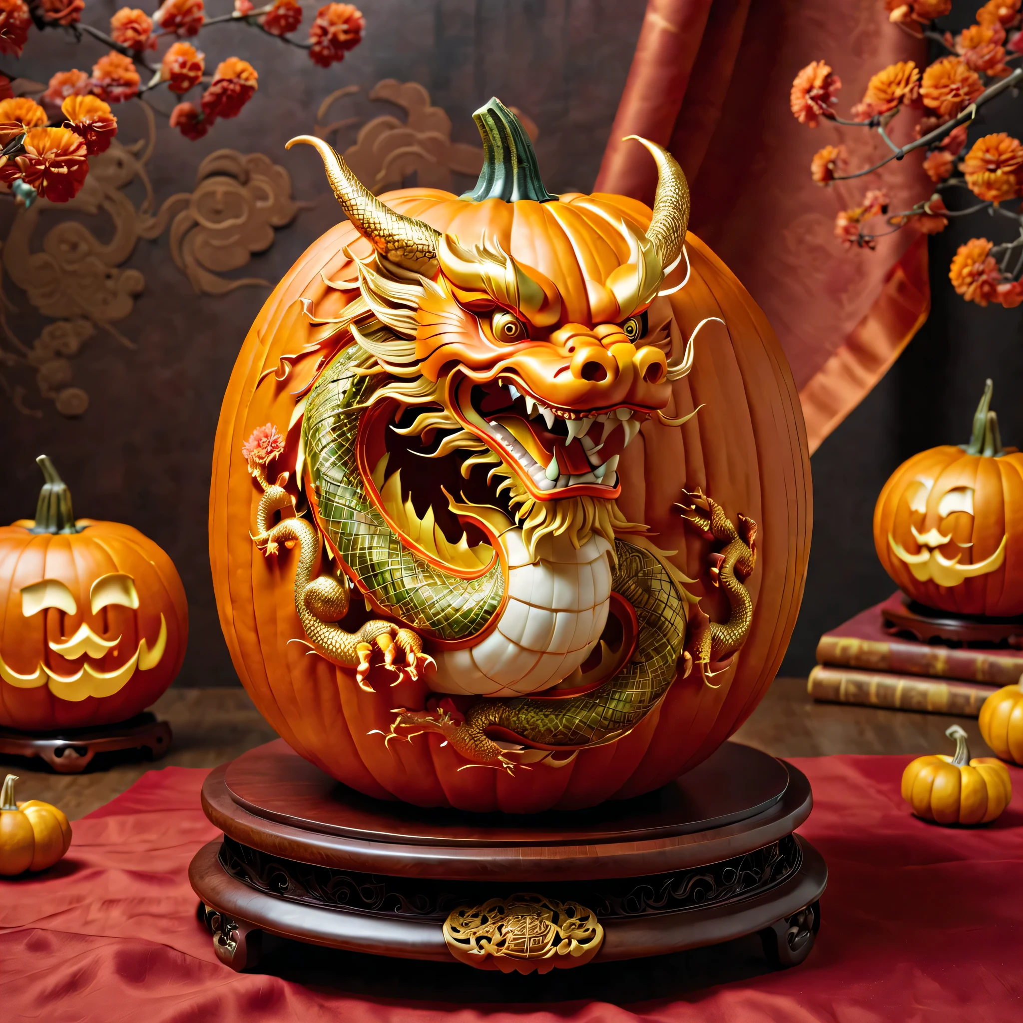 Pumpkin carving artistically represents Chinese dragon,Celebrate Chinese New Year. Carvings should have a majestic momentum, The winding dragon weaves among the clouds, Detailed with scales and whiskers. The dragon surrounded by lanterns and other traditional Chinese New Year elements, fireworks, and plum blossoms, everything symbolizes prosperity, luck, and updates. The scene should be filled with joy、happy atmosphere, Capturing the vibrant spirit of the holidays. Pumpkin displayed on ornate table with red cloth, Subtle lighting highlights intricate details and festive colors.