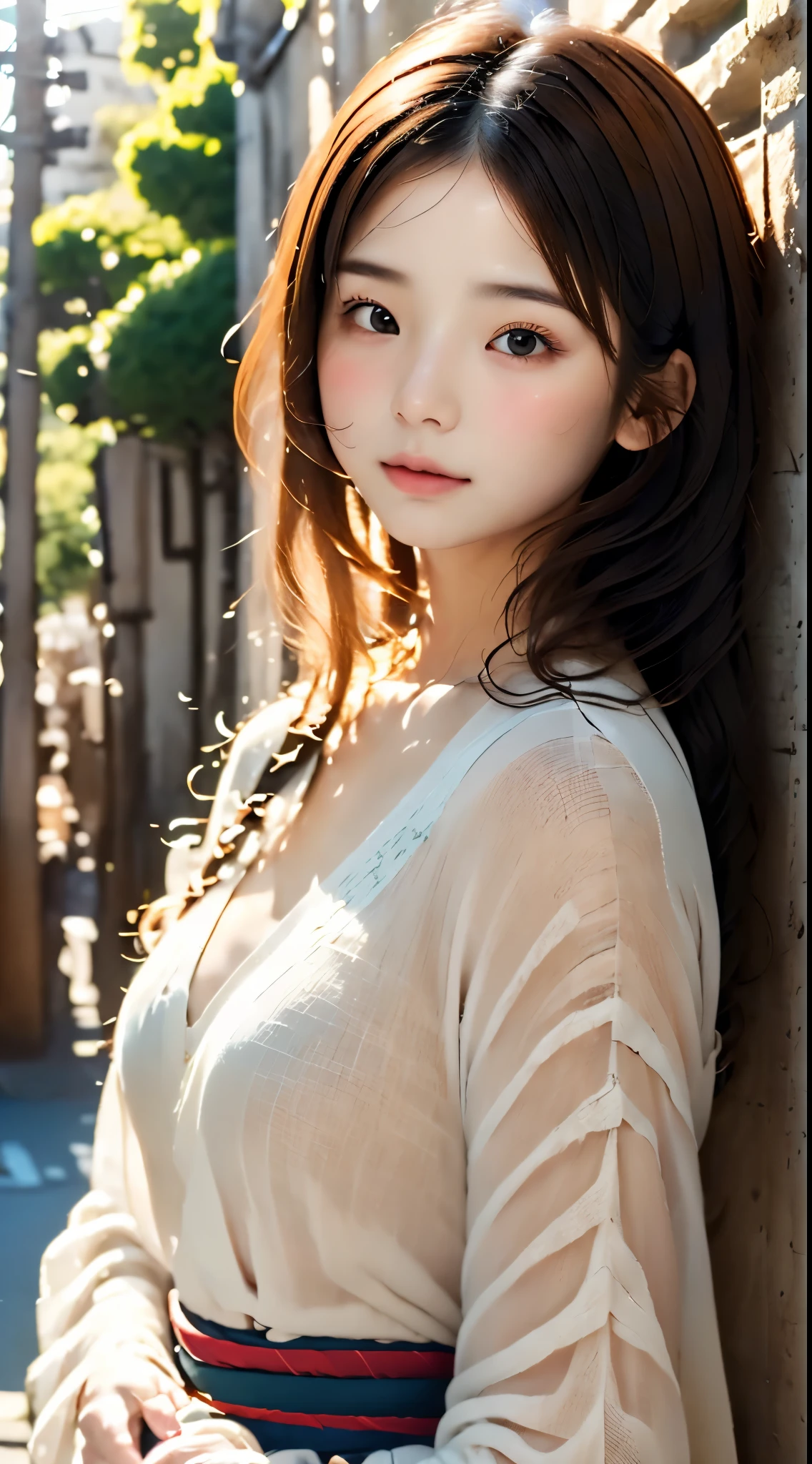 ((Highly detailed CG unit 8k wallpaper, masterpiece, High resolution, highest quality, highest qualityのリアルテクスチャスキン)), ((very beautiful woman, plump lips, Upper body, Japanese pattern haori,)), (dirty black hair, white skin, small), ((colorful wall with geometric pattern, Japanese pattern wall, warm color, butterfly, Floral)), surreal, digital paint,