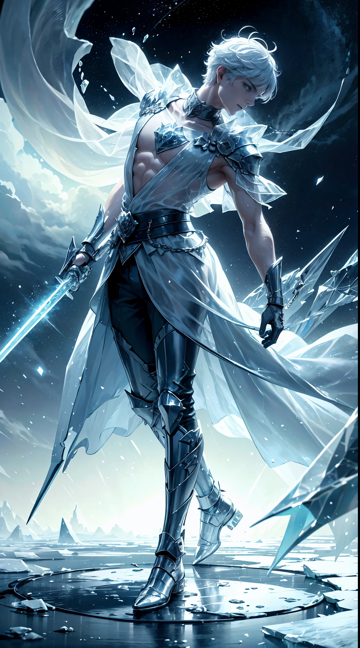 Ice rose field there a man sticking an ice sword In soil ,Dramatic, accurate commands, ice background, ice elements particles and atmosphere, HD and rich colors, lots of effects on the background. Dance sword