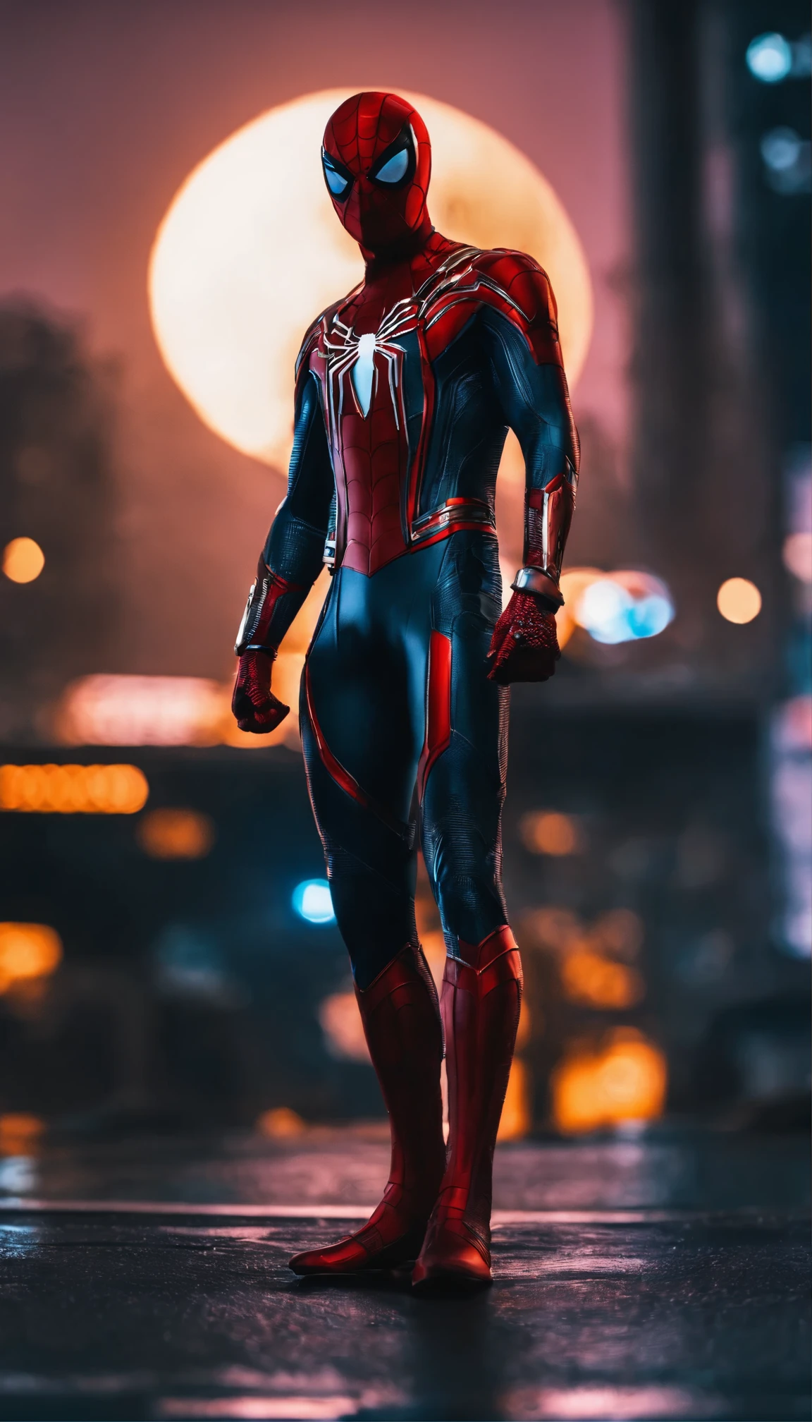 Spider-Man in cyberpunk armor, full-body shot，front，Looking directly into the camera，facing the camerery detailed close-up, actual, have power in hand, Cyberpunk City, moon, night, 16k, best quality,