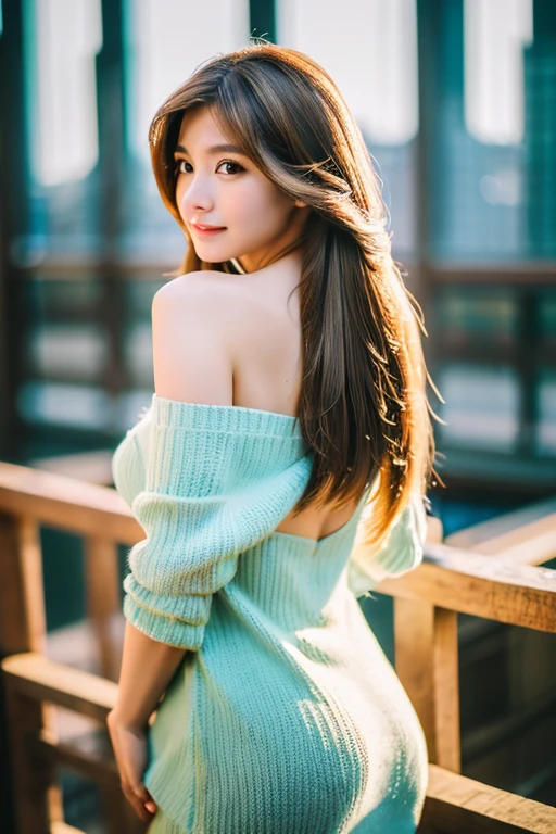 ((((long hair))))、((((brown hair))))、highest quality、8K、HDR、High resolution、background blur、photograph、(intricate details:1.2)、1 girl、solo、japanese girl、beautiful girl、((((medium breasts)))、Perfect for your skin、long eyes、detailed pupil、Face with straight nose、(off-shoulder knit dress、mini、white high heels)、roof of the building、colorful lights、((night))、hair fluttering、Translucency、Backlight、bend one leg up、touch the fence