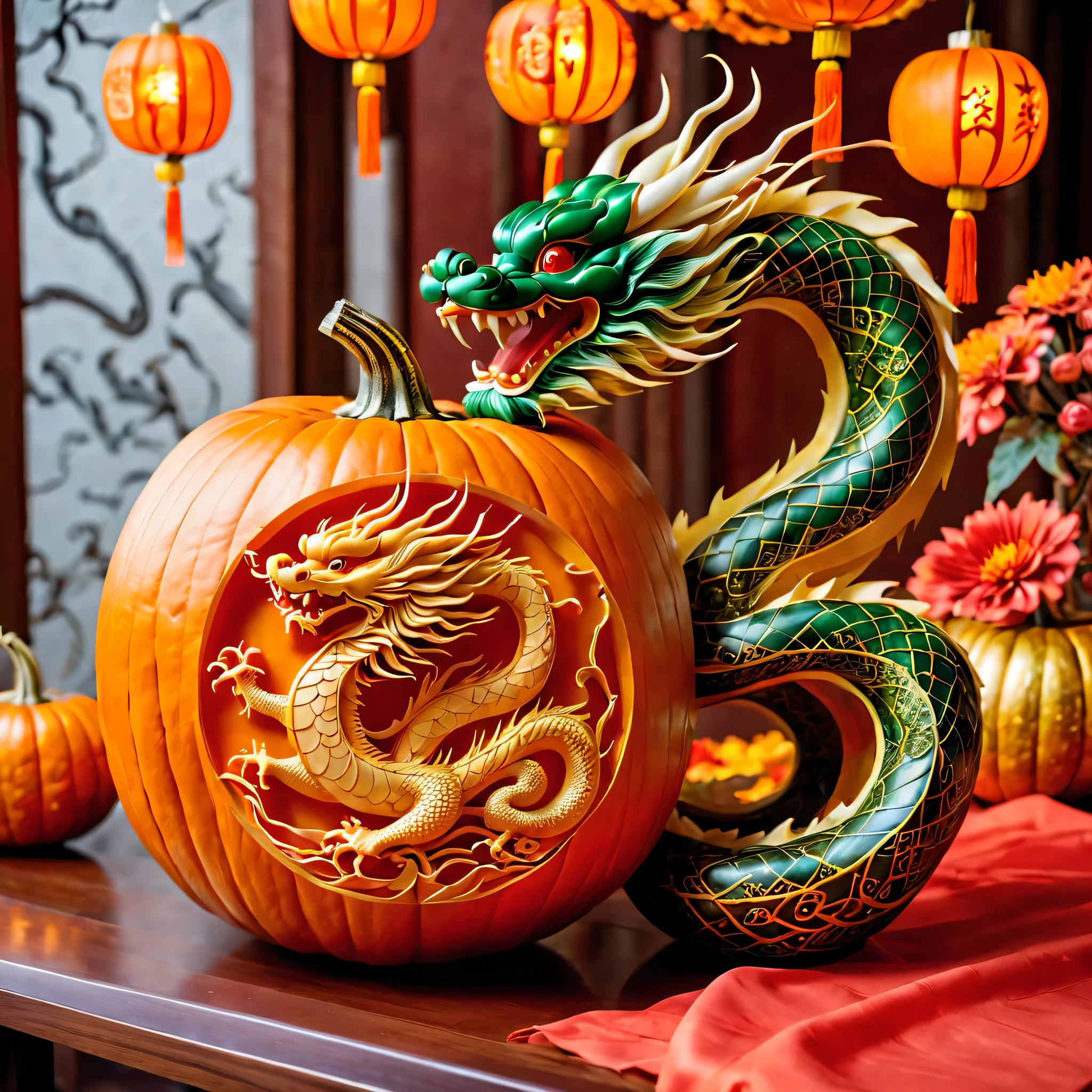 ((Pumpkin with a Chinese dragon carved on it，Celebrate Chinese New Year。The carving should depict a majestic serpentine dragon，Woven in the clouds，Detailed with scales and whiskers))。Pumpkins surrounded by lanterns、Plum blossoms and other traditional Chinese New Year elements，Symbol of prosperity、Wish you good luck and new life。The venue should exude joy、cheerful atmosphere，Reflect the vitality of the festival。Pumpkins on an ornate table covered with red cloth，Subtle lighting highlights intricate details and festive colors。
