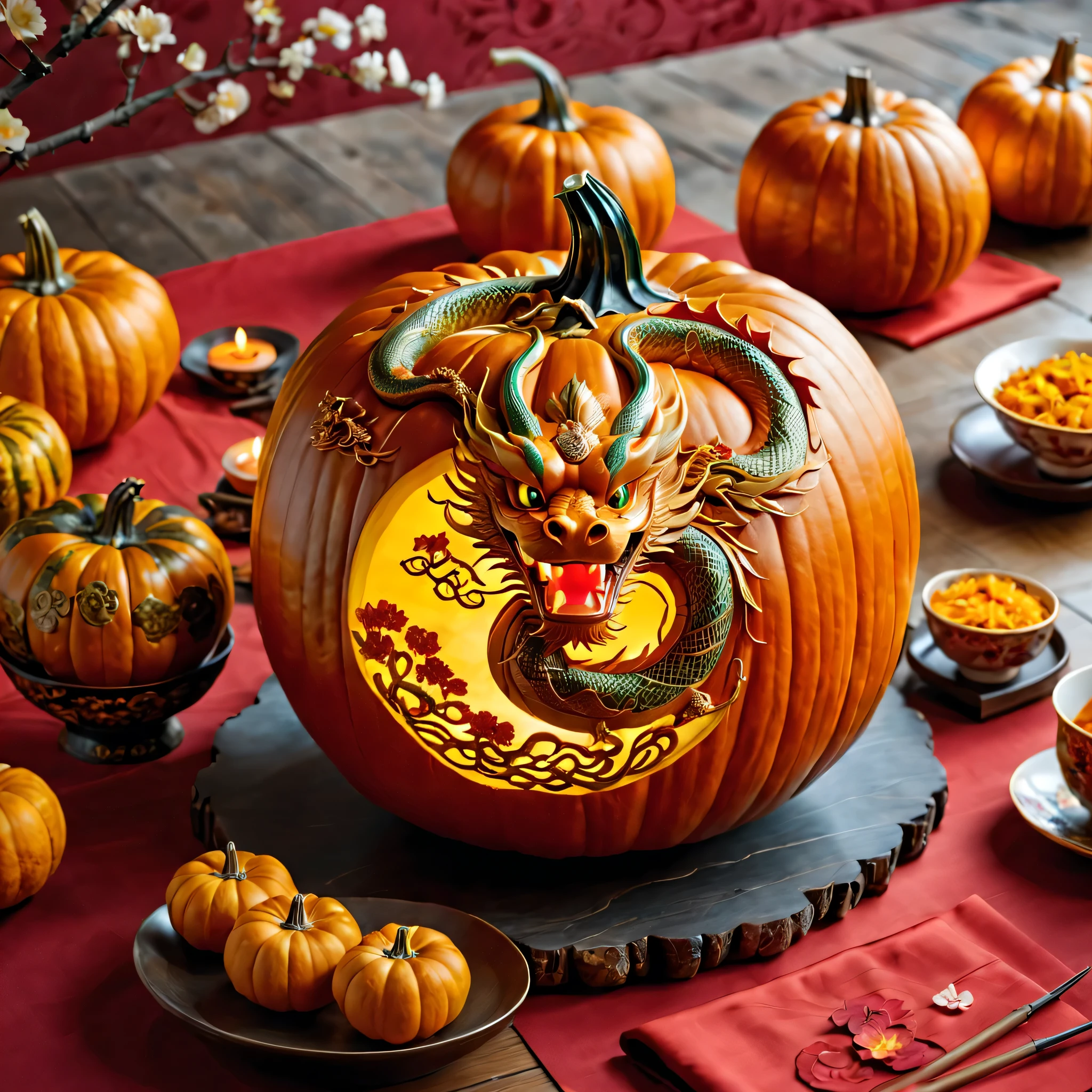 ((Pumpkin with a Chinese dragon carved on it,Celebrate Chinese New Year。The carving should depict a majestic serpentine dragon,Woven in the clouds,Detailed with scales and whiskers))。Pumpkins surrounded by lanterns、Plum blossoms and other traditional Chinese New Year elements,Symbol of prosperity、Wish you good luck and new life。The venue should exude joy、cheerful atmosphere,Reflect the vitality of the festival。Pumpkins on an ornate table covered with red cloth,Subtle lighting highlights intricate details and festive colors。