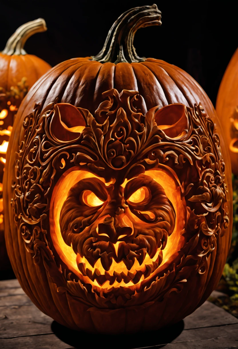 (pumpkin carving art: 1.42), impressive pumpkin carving display, quirky and original pumpkin designs, vibrant and detailed pumpkin carvings, different carvings, skilled craftsmanship, very complex pumpkin sculptures (best quality, 4k, 8k, high resolution, masterpiece: 1.2), ultra-detailed carvings of pumpkins (realistic, photorealistic, photorealistic: 1.37), fascinating textures and shadows, fascinating play of light and shadows on the pumpkins, impressive display of creativity and skillful execution, striking contrast between light and dark areas, exquisite details in each pumpkin sculpture, meticulously carved patterns and shapes, stunning artistry and attention to detail, pumpkins as unique works of art with personality and character, incredible display of talent and imagination, captivating atmosphere in the exhibition space, bright colors and realistic expressions on the pumpkins. Radiant glow and warm tones of candlelit pumpkins, dynamic composition and visually striking arrangements, authentic and traditional pumpkin carving techniques, sizes and shapes of pumpkins meticulously selected for diverse visual impact, artistic interpretation of various themes and themes on the pumpkins , meticulously chosen. props and backgrounds to enhance storytelling, narrative quality in the overall display, immersing viewers in a magical world of pumpkin carvings, professional sculpting techniques applied to pumpkins, stunning visual effects achieved through plays of light and shadow, visually stunning central pumpkin sculptures, impressive craftsmanship and attention to detail in each pumpkin, seamless integration of sculpted pumpkins with the surrounding environment, artistic storytelling through the intricate pumpkin carvings, immersing viewers in the spirit of Halloween, (horror , conceptual artists) inspired elements and designs incorporated into pumpkins, (HDR ,UHD) capturing every intricate detail, excellent clarity and sharpness of pumpkin sculptures, attractive and