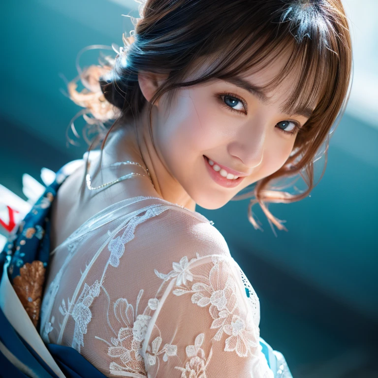 smile、night、Raw photo、Beautiful woman with a flirtatious smile,Super big breasted Ronin wearing a lace kimono, blue eyes, Heart stick, cleavage, bare chest, HD, UHD, WLOP, complicated hairstyle, View from behind, big anime eyes, realistic eyes, very detailed目, natural skin, natural skin texture, scattered below the surface, calm colors, skin pores, perfect face, perfect eyes, perfect lips, supple female form, wonderful, cinematic, film light, very detailed, surreal, masterpiece, in the atmosphere, High resolution, vibrant, high contrast, Dark Angle, 8K, HDR, 500px, art
