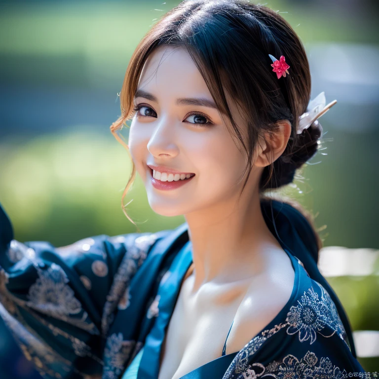 smile、night、Raw photo、Beautiful woman with a flirtatious smile,Super big breasted Ronin wearing a lace kimono, blue eyes, Heart stick, cleavage, bare chest, HD, UHD, WLOP, complicated hairstyle, View from behind, big anime eyes, realistic eyes, very detailed目, natural skin, natural skin texture, scattered below the surface, calm colors, skin pores, perfect face, perfect eyes, perfect lips, supple female form, wonderful, cinematic, film light, very detailed, surreal, masterpiece, in the atmosphere, High resolution, vibrant, high contrast, Dark Angle, 8K, HDR, 500px, art