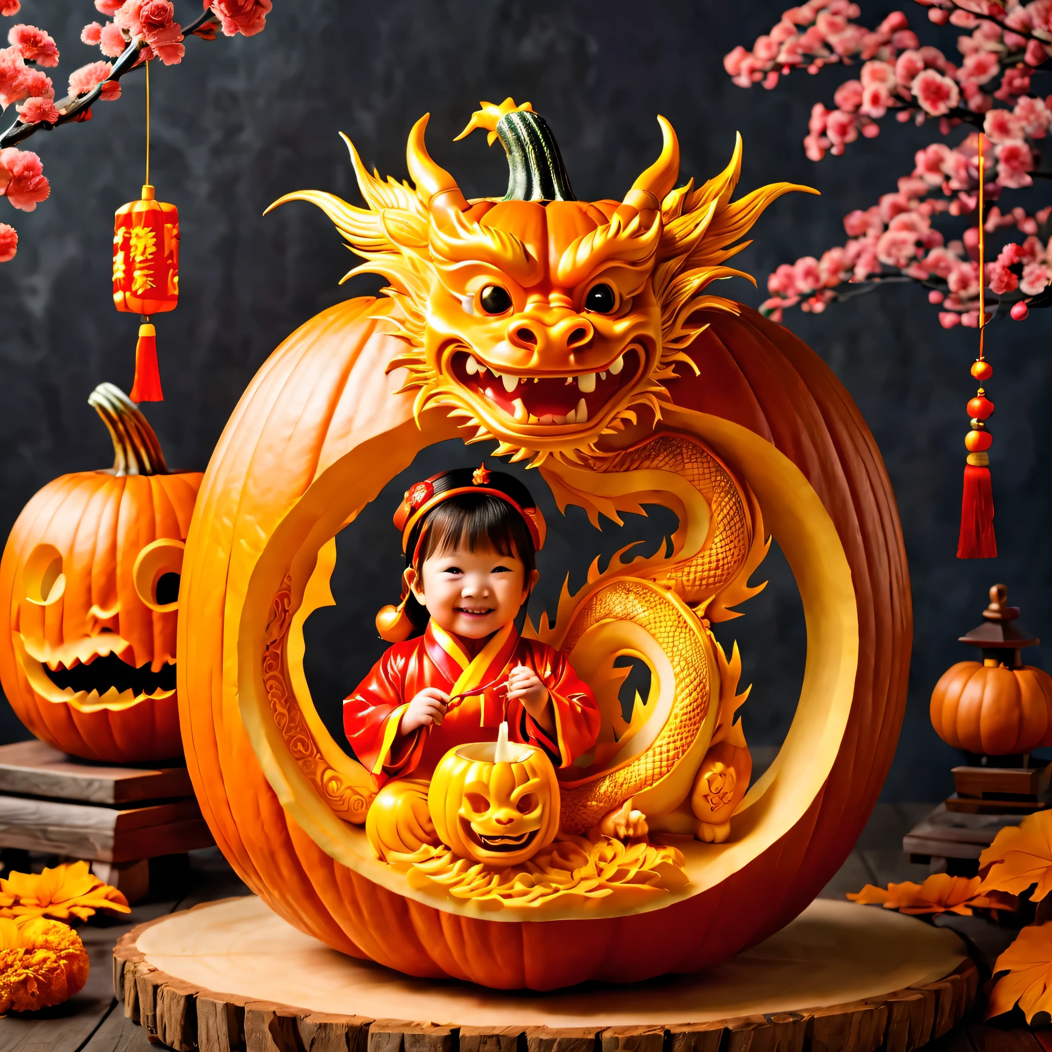 (Inside the pumpkin  carved a Chinese dragon and a cute child:1.5), Charming and Delightful Pumpkin Carving，a big pumpkin，It  engraved with a child and a Chinese dragon，Children wearing traditional Chinese clothes，smiling，Holding a small lantern，standing playfully、Next to the friendly Chinese dragon。Dragon scale snake shape，with red lantern、fireworks、Plum blossoms intertwined with other festive elements，Symbolizes joy and prosperity。The whole scene  filled with enthusiasm、Happy new year celebration atmosphere，Full of color and life