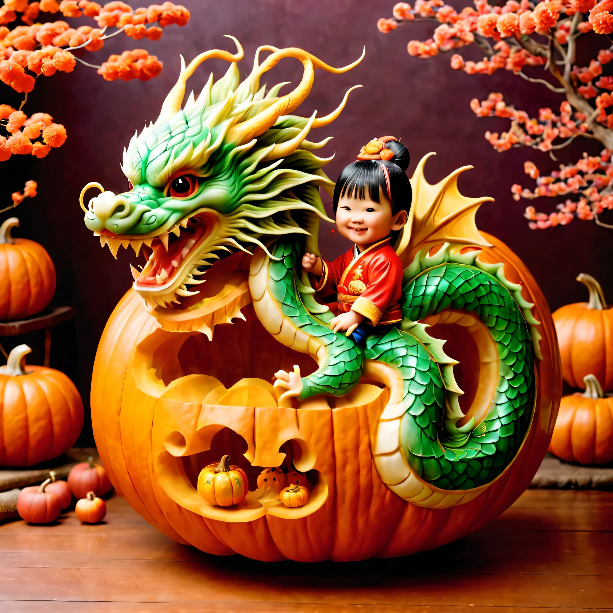 (Inside the pumpkin carved a Chinese dragon and a cute child:1.3), Charming and Delightful Pumpkin Carving,a big pumpkin,It engraved with a child and a Chinese dragon,Children wearing traditional Chinese clothes,smiling,Holding a small lantern,standing playfully、Next to the friendly Chinese dragon。Dragon scale snake shape,with red lantern、fireworks、Plum blossoms intertwined with other festive elements,Symbolizes joy and prosperity。The whole scene filled with enthusiasm、Happy new year celebration atmosphere,Full of color and life