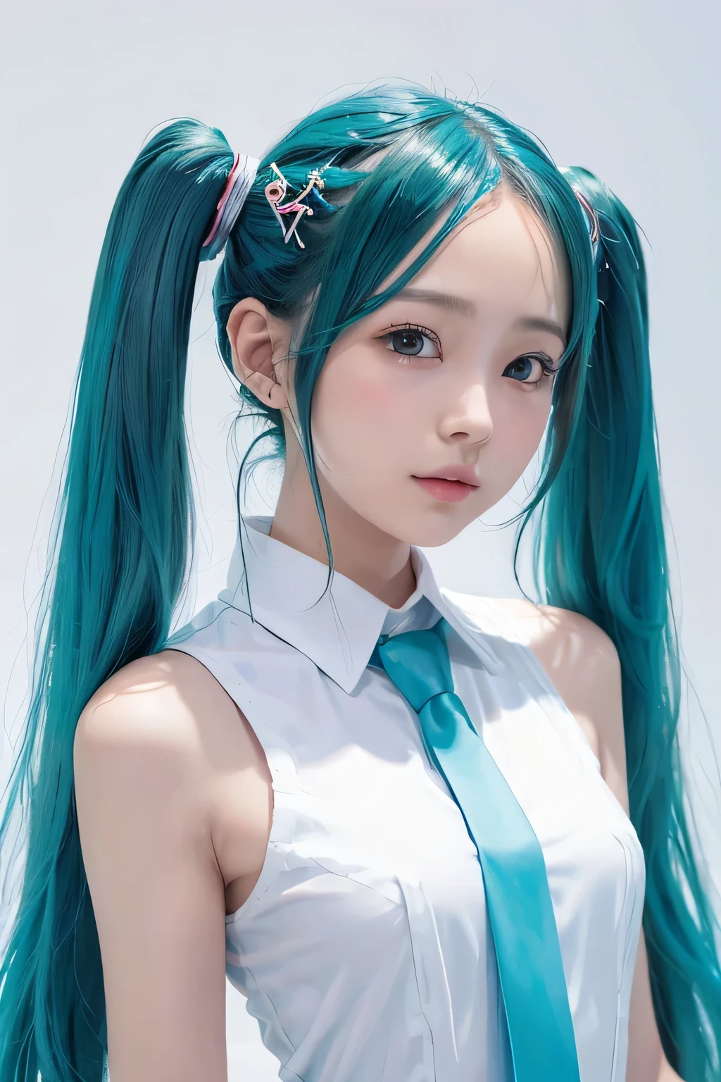 {The theme is Hatsune Miku}、(White Sleeveless Long Shirt:1.3)、((turquoise tie))、 (Red hairpin:1.3)、(twin tails、crazy turquoise long hair:1.3)、, shiny hair, expressive hair, crystal hair, gradient eyes, Artistic, conceptual art, glitter effect , shine, UHD, retina, masterpiece, Accurate, anatomically correct, Super detailed, high detail, fine skin,((flat body、slim、cute:1.3))、Show 1&#39;~ side