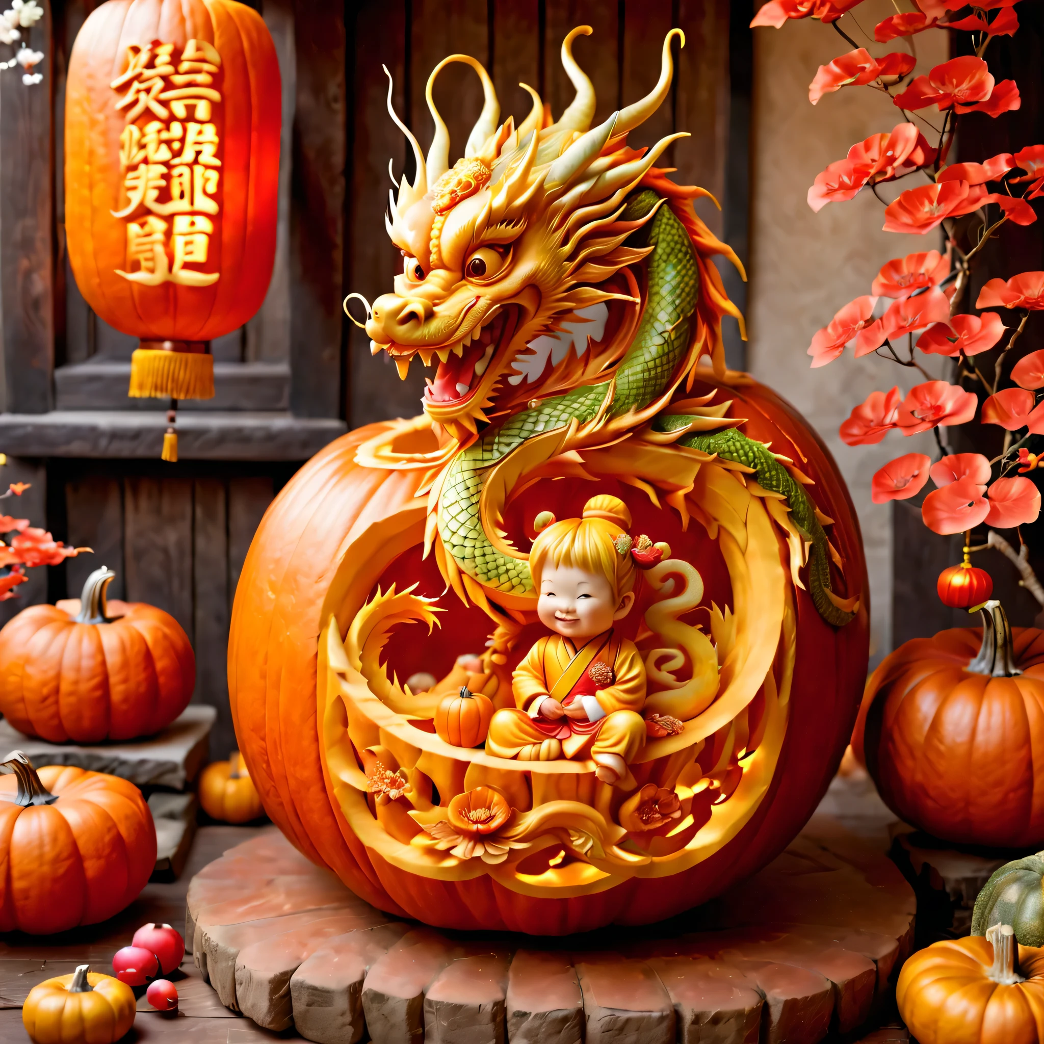 (Inside the pumpkin carved a Chinese dragon and a .:1.3), Charming and Delightful Pumpkin Carving,a big pumpkin,It engraved with a childa Chinese dragon,Children wearing traditional Chinese clothes,smiling,Holding a small lantern,standing playfully、Next to the friendly Chinese dragon。Dragon scale snake shape,with red lantern、fireworks、Plum blossoms intertwined with other festive elements,Symbolizes joy and prosperity。The whole scene filled with enthusiasm、Happy new year celebration atmosphere,Full of color and life