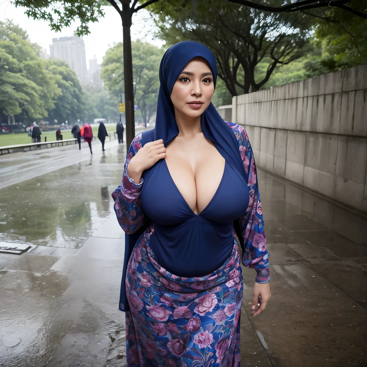 56 years Old, Indonesian Hijab milf, Ultra Droopiest gigantic saggiest longest mature tits : 96.9, wearing tight Burqa, Wearing Tight bra, Her bra cannot cover her Gigantic breast, breast about to burst out, her hand twisting nipple erection, Wet body, rainy atmosphere, heavy rain, at central park, full body, gravure Idol, Cold Situation