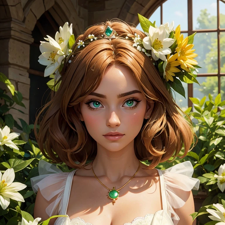 Un chat brun au yeux vert , angora , avec un collier et une fleur dans les cheveux et une couronne de fleurs