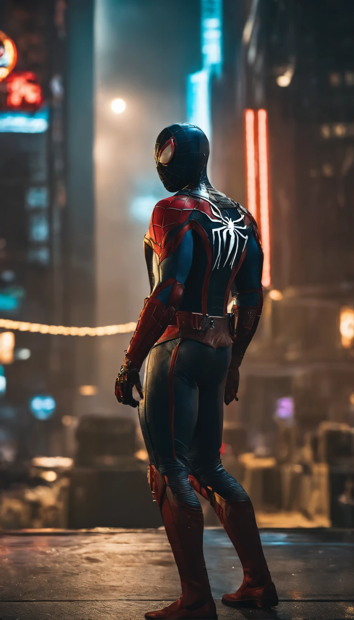 Spider-Man in cyberpunk armor, full-body shot,front,Looking directly into the camera,facing the camerery detailed close-up, actual, have power in hand, Cyberpunk City, moon, night, 16k, best quality,