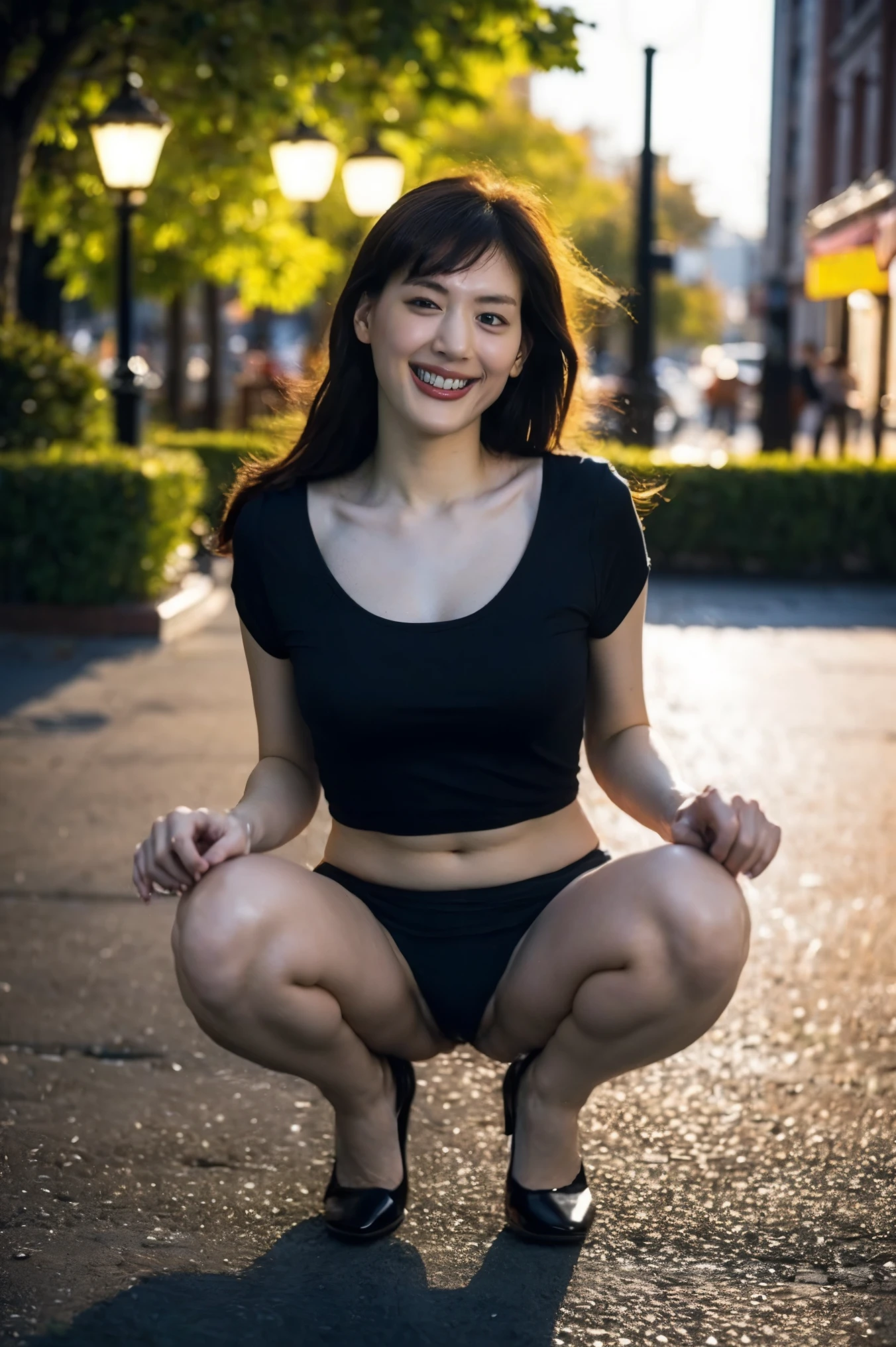 highest quality, muste piece, realistic, High resolution, 8k raw photo,alone, 1 girl, NSFW、medium long hair、45 years old、(ロングskirt)、squat、slender body shape、legs spread wide、 ((black detailed panties))、in the park at night、laughter、high heels、skirt、((midnight:1.5))、show one&#39;s side