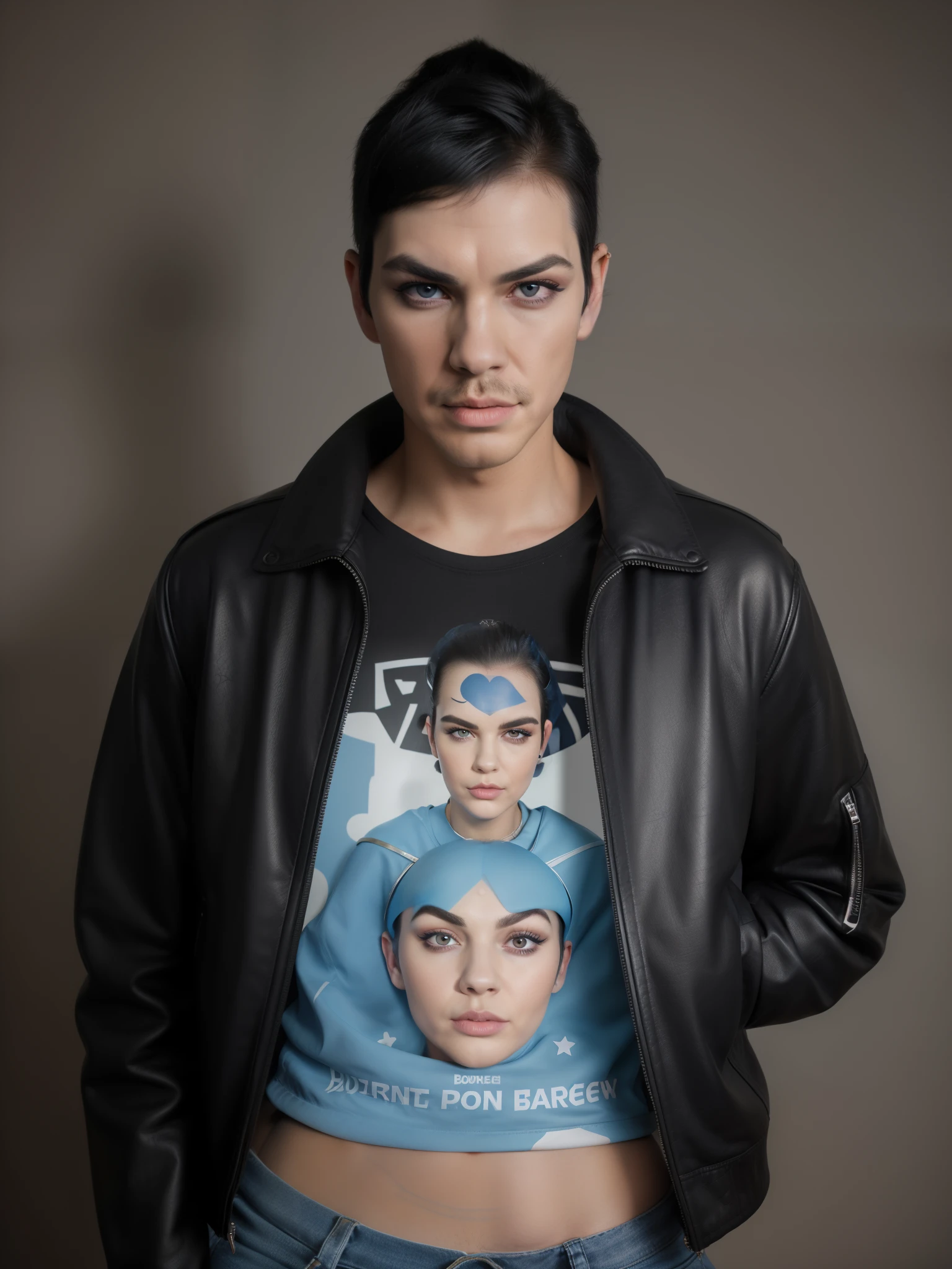 A facial portrait - short, buzz-cut, black hair - cobalt blue eye set wide apart - a long nose - large, pouty lips - a short mustache and goatee - extremely slanted eyebrows - large ears - a square jawline - high cheek bones - dimples - black leather jacket - black iron maiden t-shirt - blue jeans - converse sneakers - resembles Spock and Elvis