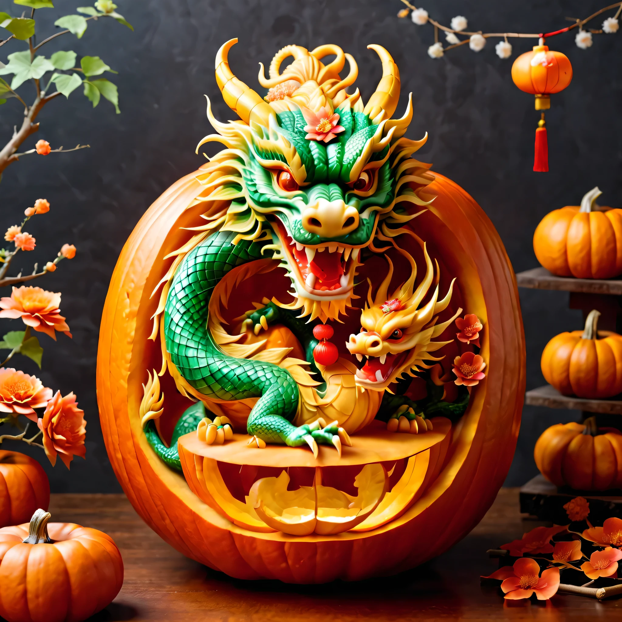 (Inside the pumpkin carved a Chinese dragon and a child.:1.3), Charming and Delightful Pumpkin Carving,a big pumpkin,It engraved with a child and a Chinese dragon,Children wearing traditional Chinese clothes,smiling,Holding a small lantern,standing playfully、Next to the friendly Chinese dragon。Dragon scale snake shape,with red lantern、fireworks、Plum blossoms intertwined with other festive elements,Symbolizes joy and prosperity。The whole scene filled with enthusiasm、Happy new year celebration atmosphere,Full of color and life