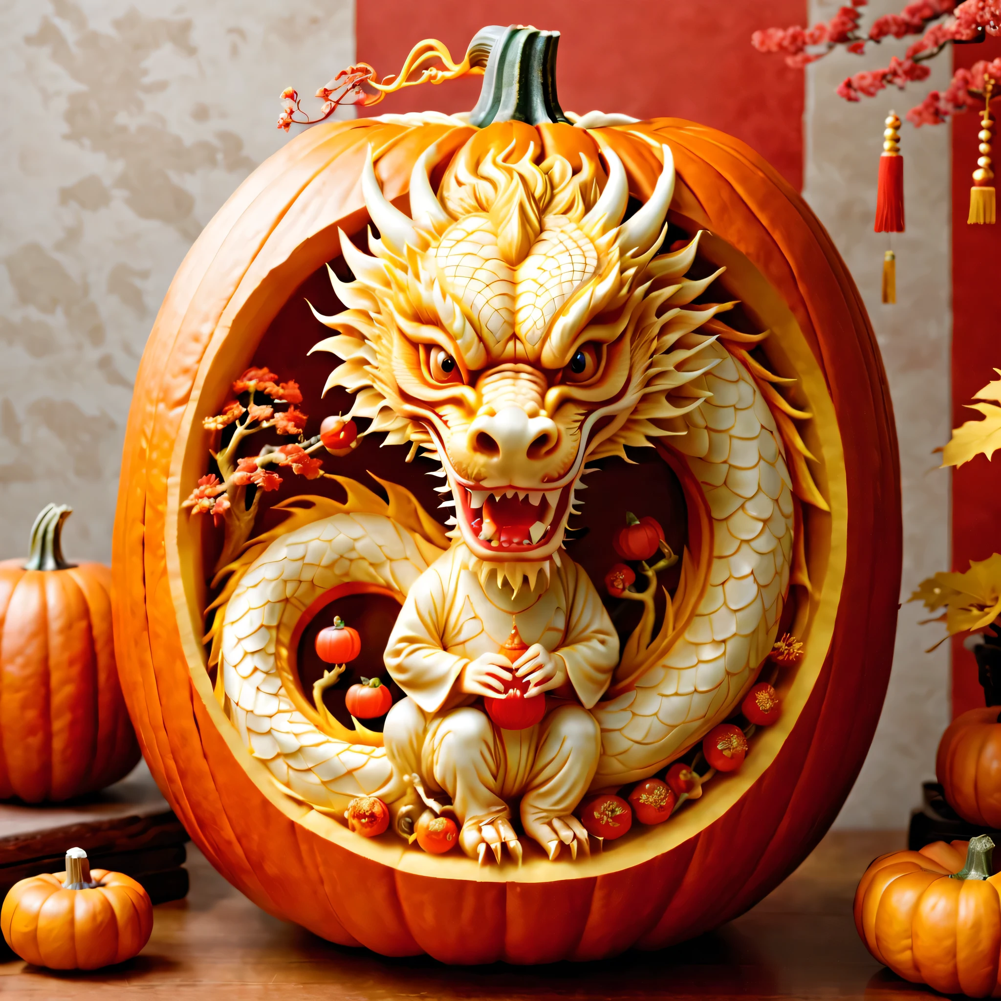 (Inside the pumpkin  carved a Chinese dragon and a child.:1.3), Charming and Delightful Pumpkin Carving，a big pumpkin，It  engraved with a child and a Chinese dragon，Children wearing traditional Chinese clothes，smiling，Holding a small lantern，standing playfully、Next to the friendly Chinese dragon。Dragon scale snake shape，with red lantern、fireworks、Plum blossoms intertwined with other festive elements，Symbolizes joy and prosperity。The whole scene  filled with enthusiasm、Happy new year celebration atmosphere，Full of color and life
