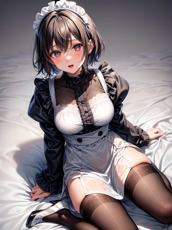 Random actions、land angle、Maid clothes、28 year old woman、lips:Sexy、hair color: Dark brown、transparent skin, skin is white and juicy, (hairstyle on)brown extra short haircut、(Basic Information)happy look、wide open mouth、Moist eyes、knee high stockings、gentle eyes、大きなフルブレストknee high stockings、