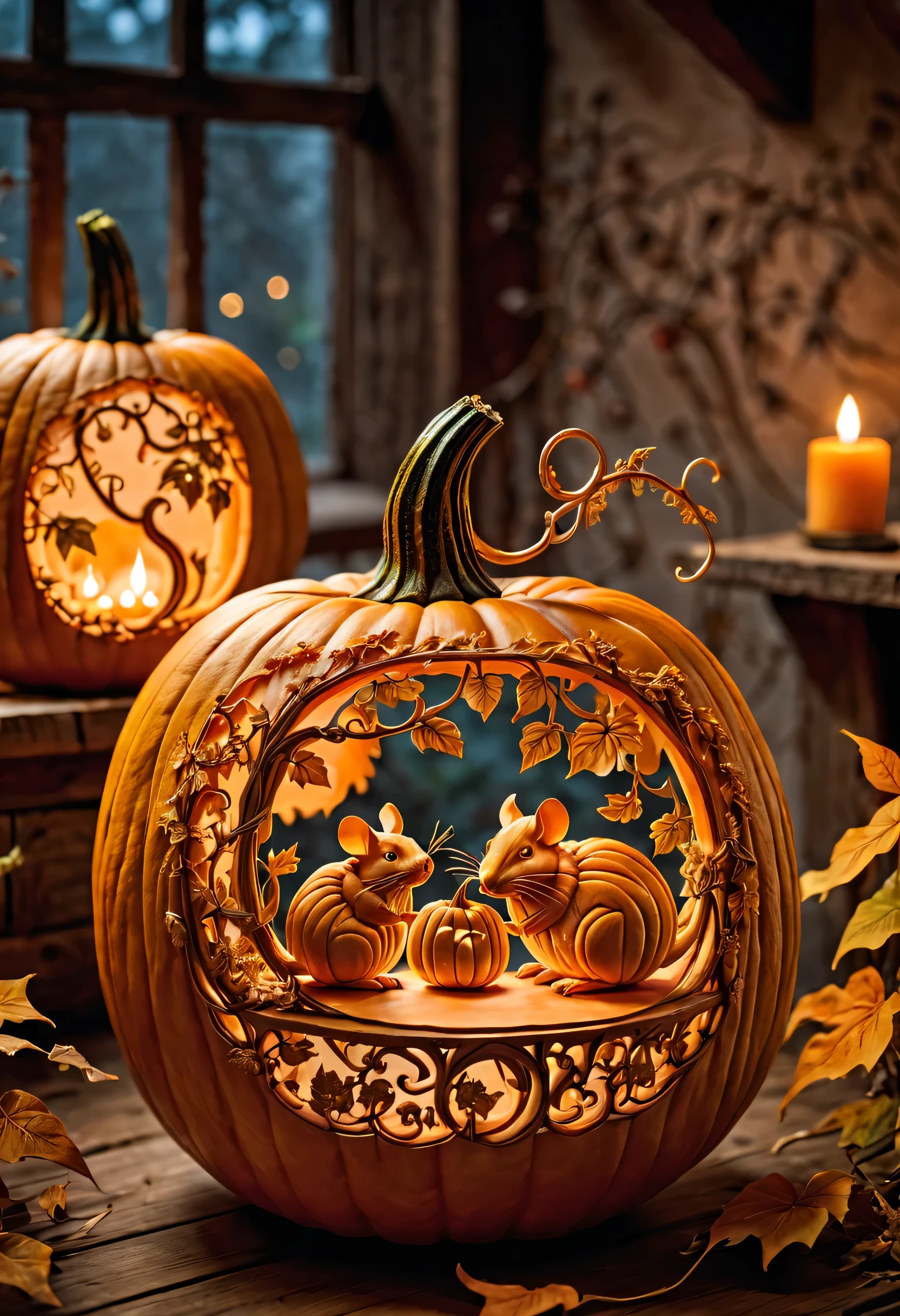 Detailed and intricate scene carvings on pumpkins。Engravings should display artistry and intricate designs，Natural element with leaf character，Like vines，There are also mice and other small creatures that interact with the pumpkins。The scene should be both whimsical and elegant，Show the beauty of autumn，With a hint of fantasy。Pumpkin sitting on rustic wooden table，Soft candlelight casts shadows，Interpret detailed works，Adds a magical atmosphere