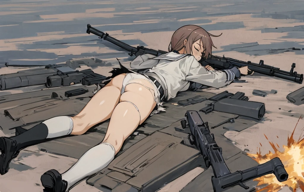 from back, ass, 1 girl in grey school uniform with a belt, holding gun, laying on ground, closed eyes, ecchi anime style, detailed full body, thigh-high socks, micro mini skirt, (torn clothes, white panties:1.1), sailor collar, scenery, explosion