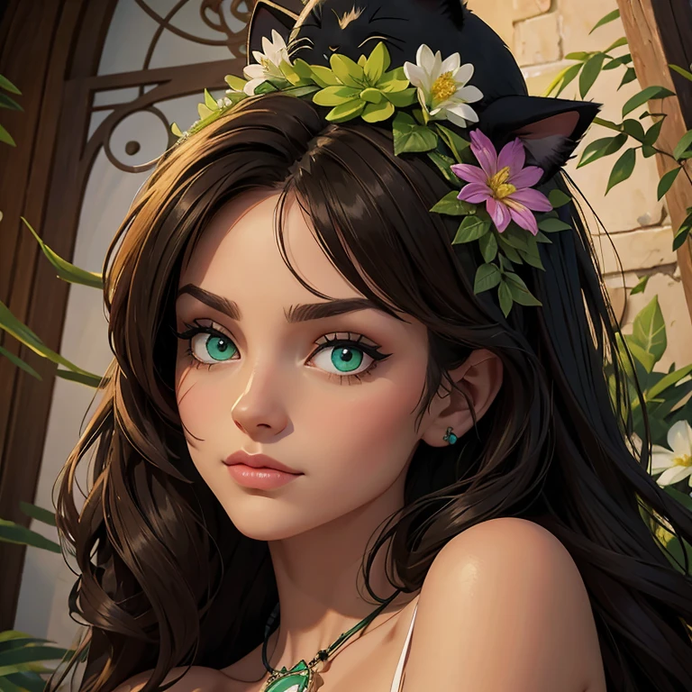 Un chat noir au yeux vert , angora , avec un collier et une fleur dans les cheveux et une couronne de fleurs