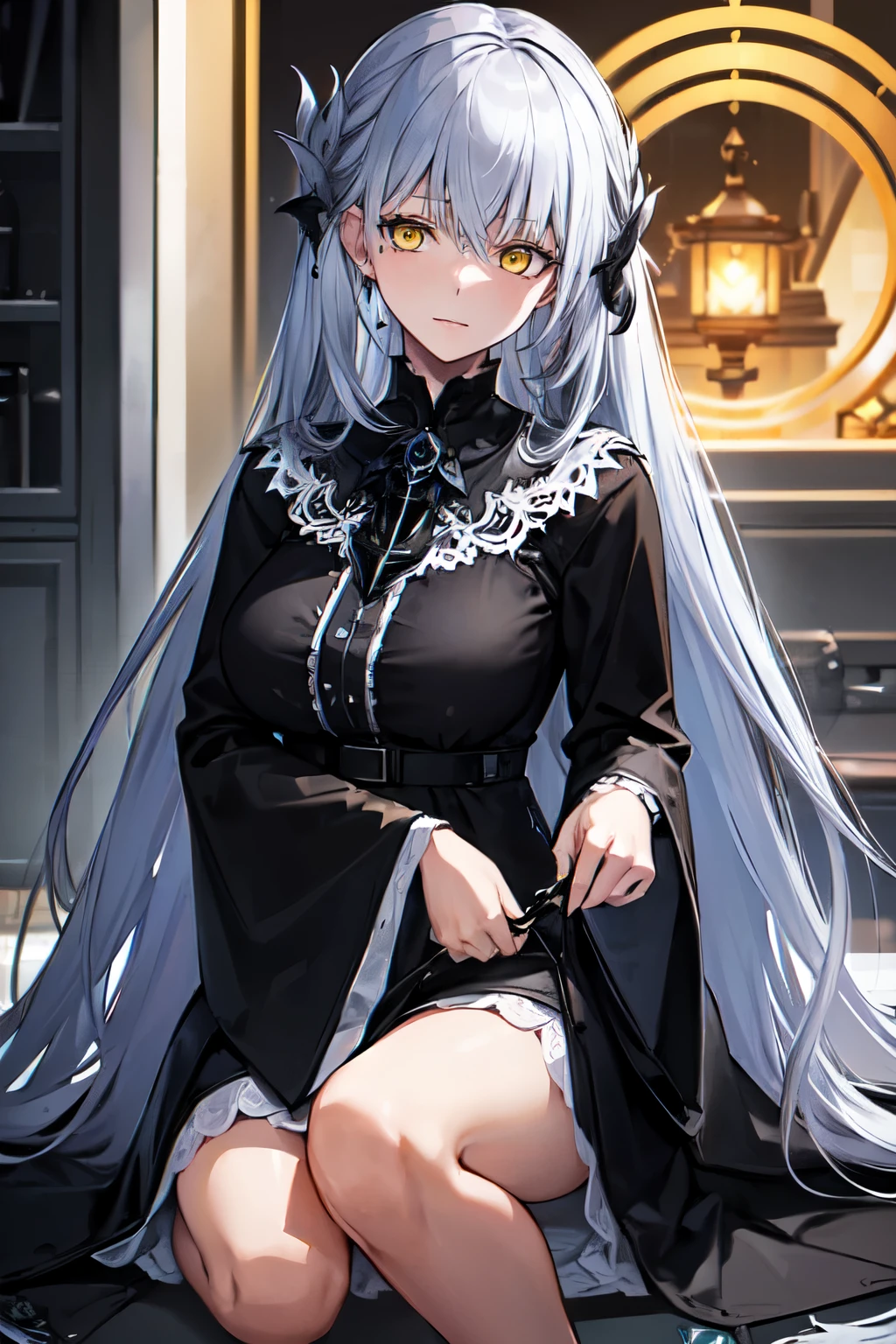 (best quality:1.3), (masterpiece:1.3), (illustration:1.3), (ultra-detailed:1.3), (imid shot:0.9), 1girl, ((gray hair)), ((yellow eyes)), coat, tall, mature, long hair, hair ornaments, black dress, long sleeves,