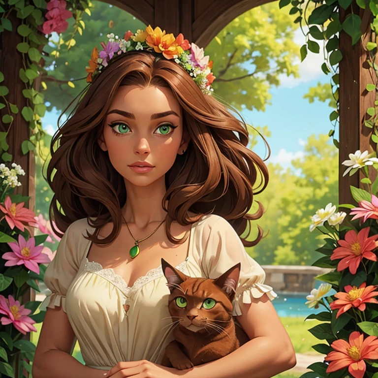 A brown cat with green eyes on the head of a beautiful woman, feminine , angora , avec un collier et une fleur dans les cheveux et une couronne de fleurs 