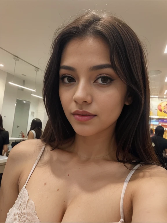 Foto de uma mulher morena de 20 anos, que tem um rosto muito natural, labios finos, olhos finos, sobrancelhas finas, nariz fino, brincos, long eyelashes. Ela faz uma foto fofa em shopping em Paris, andando e olhando para o espectador de corpo inteiro , com roupas pretas e rosa 🌹