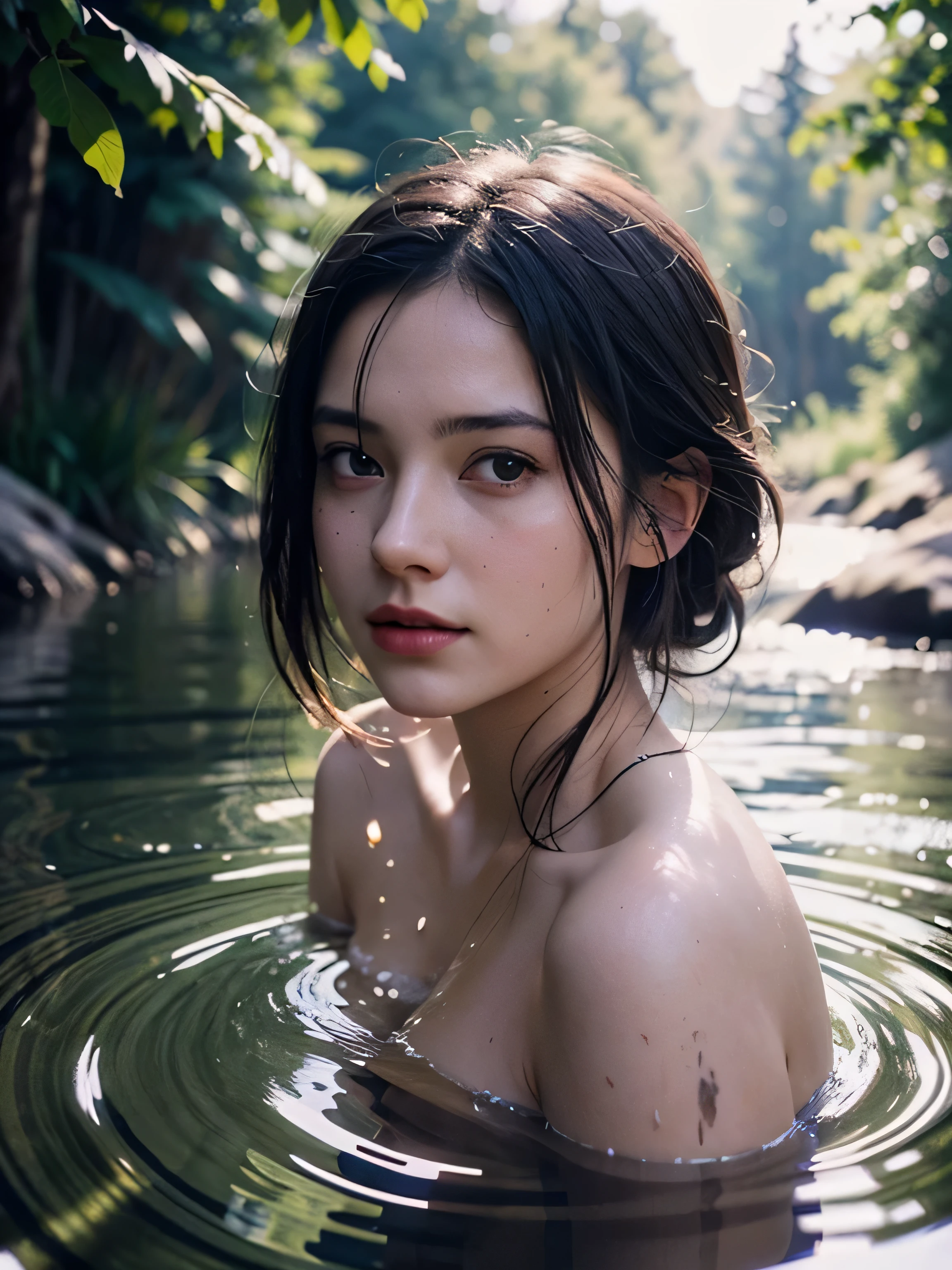 close up portrait of a cute woman (gldot) bathing in a river, reedacklighting), realistic, masterpiece, highest quality, lens flare, shade, bloom, [[chromatic aberration]], by Jeremy Lipking, by Antonio J. Manzanedo, digital painting,
