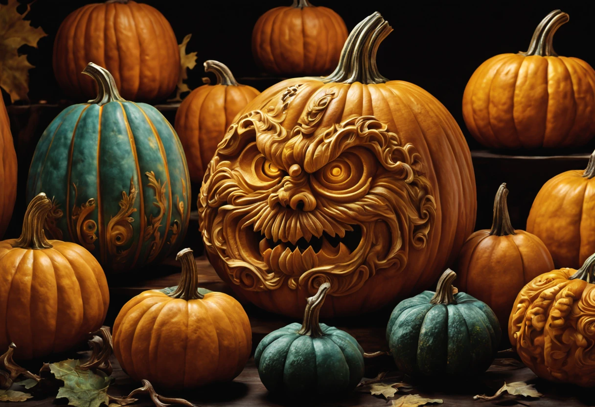 (pumpkin carving art: 1.42), impressive pumpkin carving display, quirky and original pumpkin designs, vibrant and detailed pumpkin carvings, different carvings, skilled craftsmanship, very complex pumpkin sculptures (best quality, 4k, 8k, high resolution, masterpiece: 1.2), ultra-detailed carvings of pumpkins (realistic, photorealistic, photorealistic: 1.37), fascinating textures and shadows, fascinating play of light and shadows on the pumpkins, impressive display of creativity and skillful execution, striking contrast between light and dark areas, exquisite details in each pumpkin sculpture, meticulously carved patterns and shapes, stunning artistry and attention to detail, pumpkins as unique works of art with personality and character, incredible display of talent and imagination, captivating atmosphere in the exhibition space, bright colors and realistic expressions on the pumpkins. Radiant glow and warm tones of candlelit pumpkins, dynamic composition and visually striking arrangements, authentic and traditional pumpkin carving techniques, sizes and shapes of pumpkins meticulously selected for diverse visual impact, artistic interpretation of various themes and themes on the pumpkins , meticulously chosen. props and backgrounds to enhance storytelling, narrative quality in the overall display, immersing viewers in a magical world of pumpkin carvings, professional sculpting techniques applied to pumpkins, stunning visual effects achieved through plays of light and shadow, visually stunning central pumpkin sculptures, impressive craftsmanship and attention to detail in each pumpkin, seamless integration of sculpted pumpkins with the surrounding environment, artistic storytelling through the intricate pumpkin carvings, immersing viewers in the spirit of Halloween, (horror , conceptual artists) inspired elements and designs incorporated into pumpkins, (HDR ,UHD) capturing every intricate detail, excellent clarity and sharpness of pumpkin sculptures, attractive and