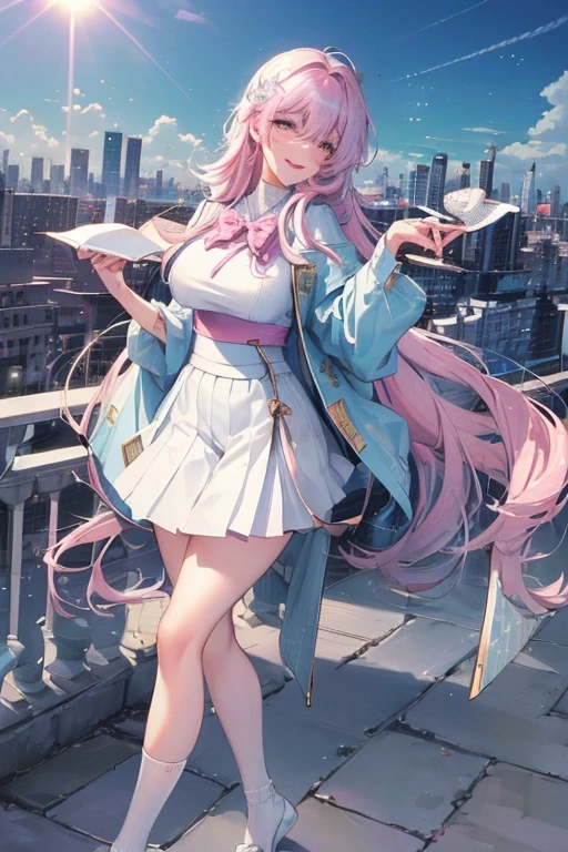 official art, masterpiece, Beautiful gorgeous cute Korean woman with sharp focus:1.3), (beautiful and cute korean:1.3), korean beauty, Delicate and beautiful hair, eyes and face, realistic, Super detailed, beautiful girl, blue sky, white glowing particles, (side light:1.2), Light of the sun, White cloud, detailed clouds, thin, nice very big breasts and very big hips, smile showing teeth, ((smile with eyes, open both eyes)), scenery, long straight hair, sexy look, building, (cityscape:1.7), dynamic hair, long straight hair, fine platinum pink hair, Globe Blue Airou Pleated Shirt + white skirt), white long socks, white skin, hair ornaments, epic scenery,