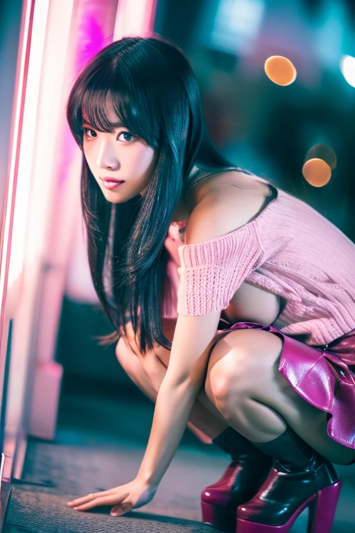 ((((long hair))))、((((black hair))))、highest quality、8K、HDR、High resolution、background blur、photograph、(intricate details:1.2)、1 girl、solo、japanese girl、beautiful girl、((((medium breasts)))、Perfect for your skin、long eyes、detailed pupil、(pink high neck knit、pink leather skirt、pink high heels、off shoulder)、roof of the building、colorful lights、((night))、hair fluttering、Translucency、squat down holding your legs、sexy、View from above(beholder)
