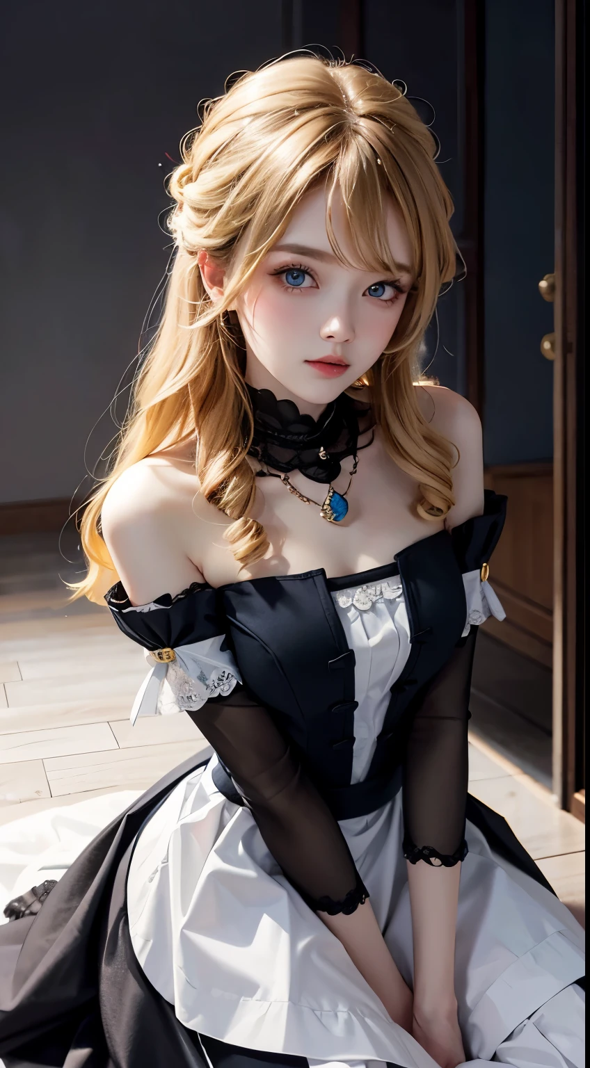 maid outfit, black and white art, His style, whole body, hunter's eyes, masterpiece, best quality，Blonde hair, blue eyes，long golden hair，