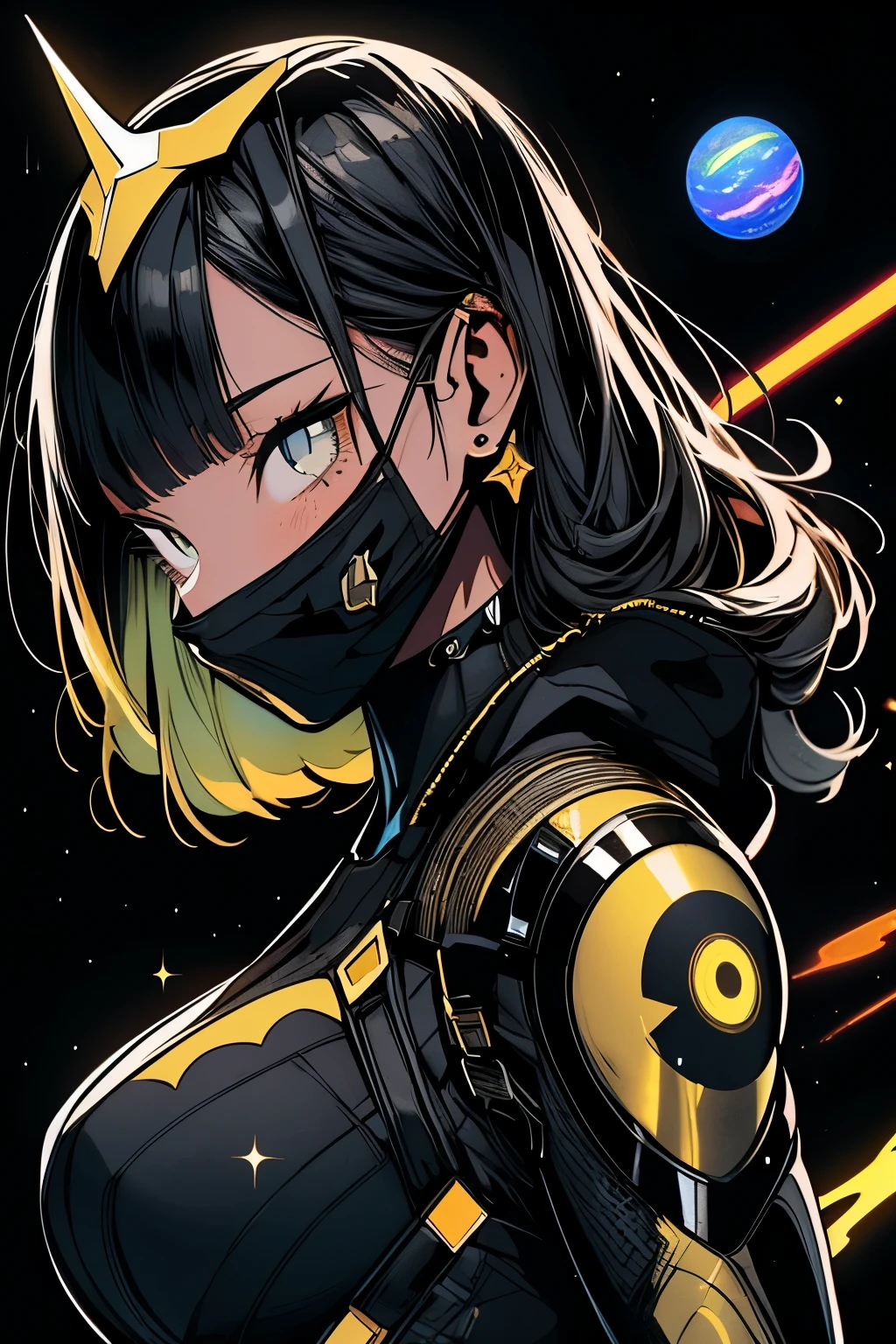 Artistic image, Female black bolt with golden and bronze patterns. Has a well-defined face and muscular body。. She is wearing a suit and a mask covering her mouth. The background is a space landscape, Starred, Planets, and Nebulae. The image sparkles with energy and contrast. Inspired by Art Gem, Superhero, and science fiction. camera medium shot, 50mm lens, front view. Render in 4K resolution, extremely detailed, ticker, dark color, Yellow lighting.