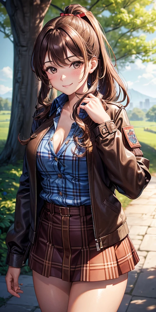 1girl, solo, village, trees, brown hair, long hair, curly hair, ponytail, large breasts, button down shirt, ((blue checked shirt)), ((unbuttoned shirt)), brown eyes, ((opened brown zipper jacket)), leather jacket, red and black skirt, smile, looking at the viewer, standng, hair ribbon