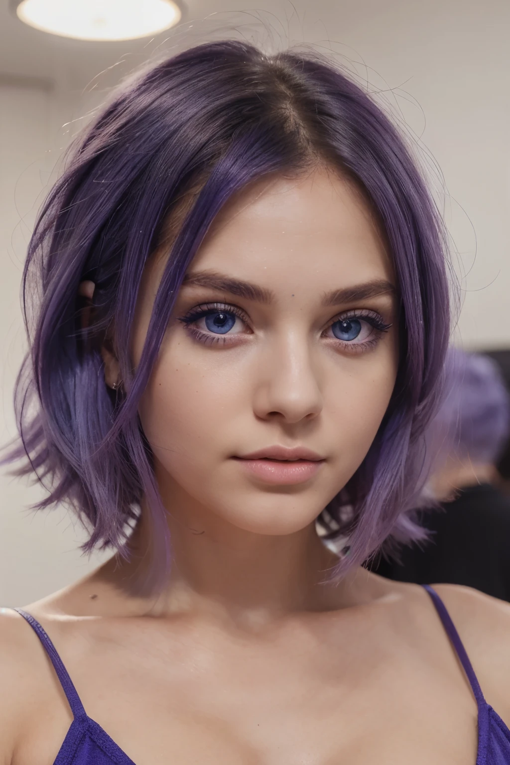 Woman's face, model appearance, cute face, 20 years, High quality, a lot of details, Blue eyes, big eyes, bob hair, light purple hair