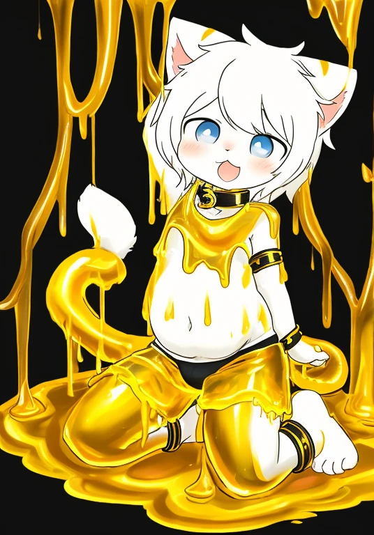 White cat cub kneeling in golden slime,Black boxers,collar,The tail in the right position,leg rings,anklet,wristband,Belly full of golden slime
