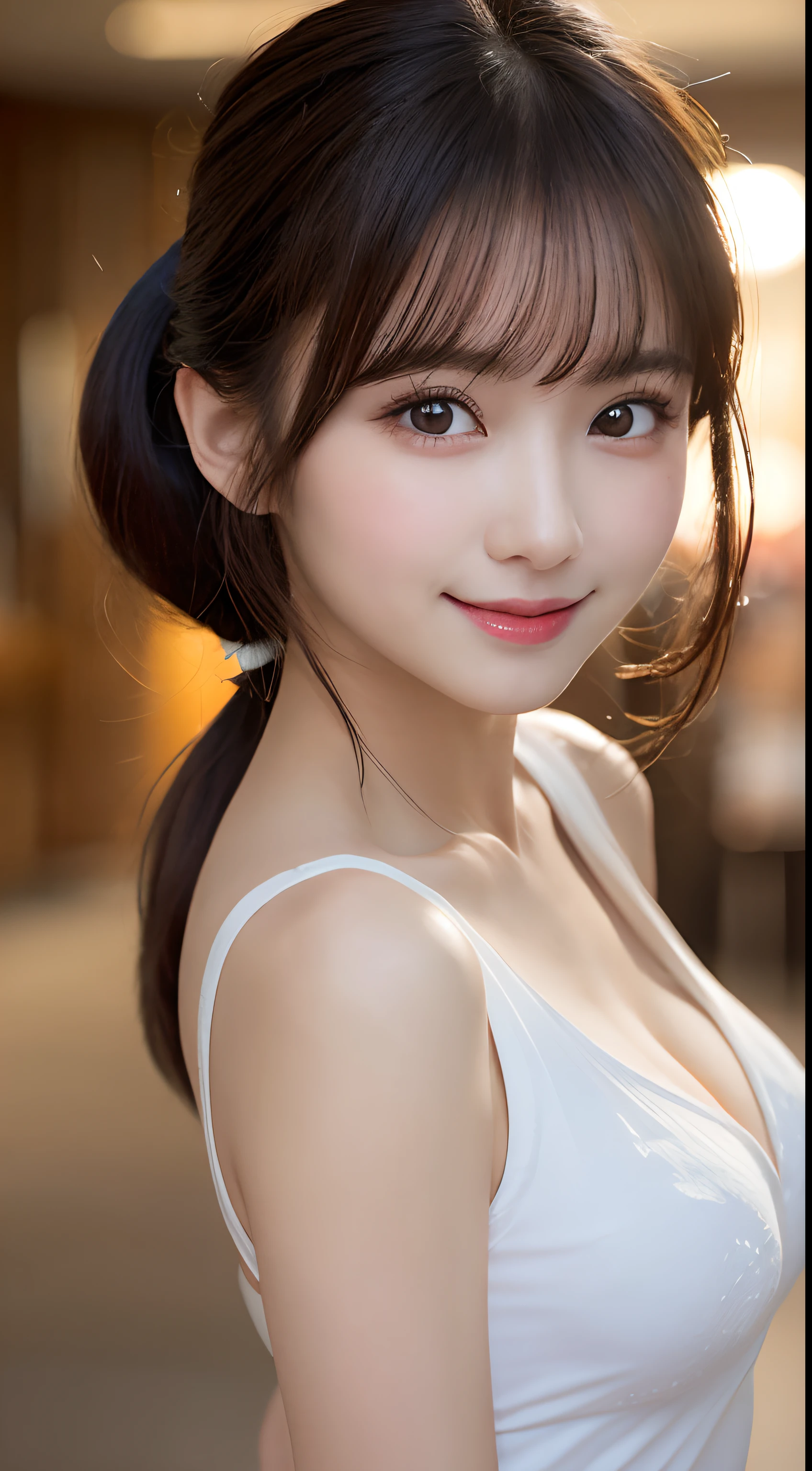 masutepiece, Best Quality, Illustration, Ultra-detailed, finely detail, hight resolution, 8K Wallpaper, Perfect dynamic composition, Beautiful detailed eyes, Women's Fashion Summer,Ponytail hair,Small breasts natural color lip, Bold sexy poses,Smile,Harajuku、20 years girl、Cute、Sexy shot looking at camera
