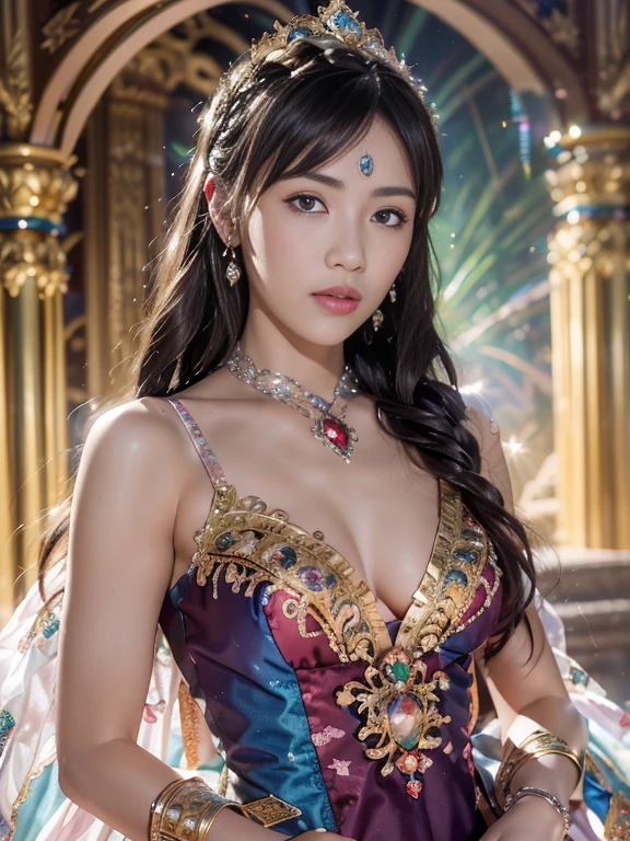 finest image, (8k, RAW photo, realistic), detailed and delicate depiction and flashy and dynamic painting method, beautiful princess, white braided bangs hair, blue big eyes, amorous expression, lewd expression, small breasts, under boobs, side boobs, abs, slender, perfect proportion, brilliant platinum plated crown, dress made of (diamonds crystals pink-sapphires emeralds aquamarines amethysts rainbow-moonstones white-opal, background shining golden dragon embroidery on sparkling silver plated pillars of the royal palace